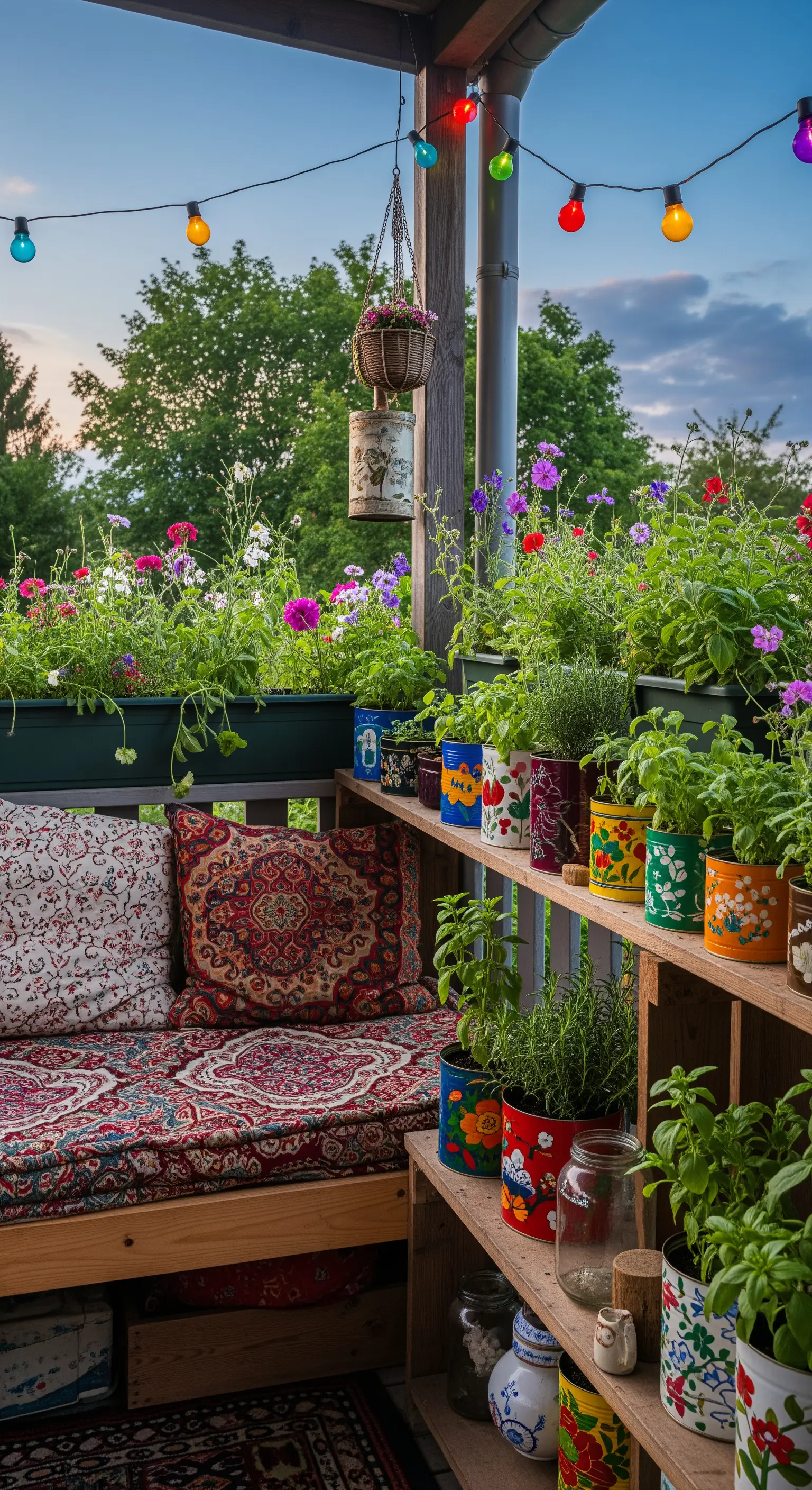 Balcone bohémien con divanetto, cuscini etnici e scaffali con erbe aromatiche in vasi colorati.