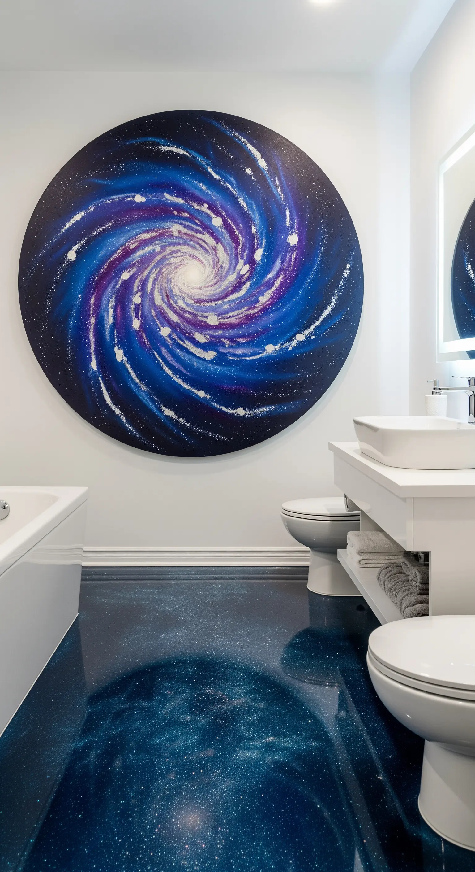 Bagno a tema spaziale con quadro di una galassia e pavimento in resina coordinato.