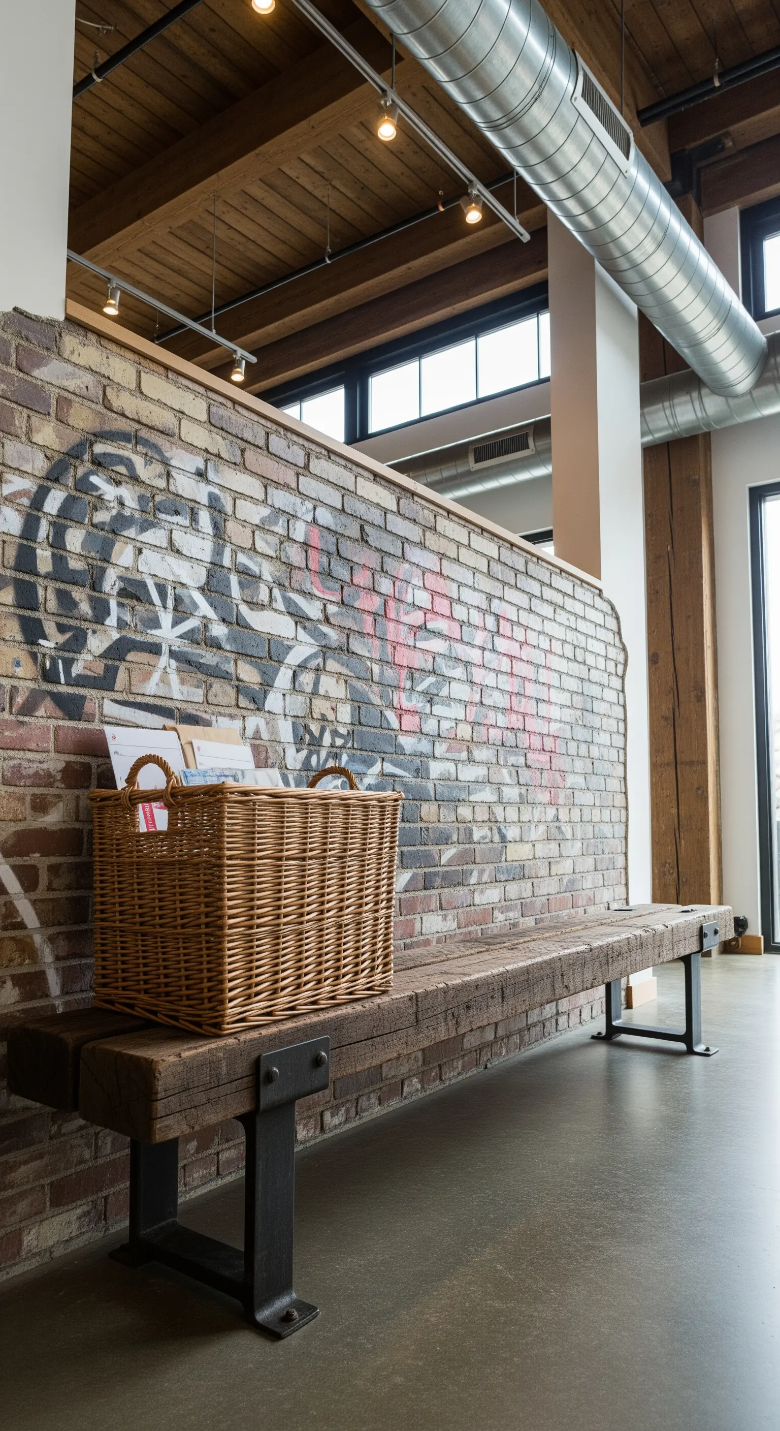 Panca massiccia in legno di recupero davanti a un muro di mattoni con graffiti.