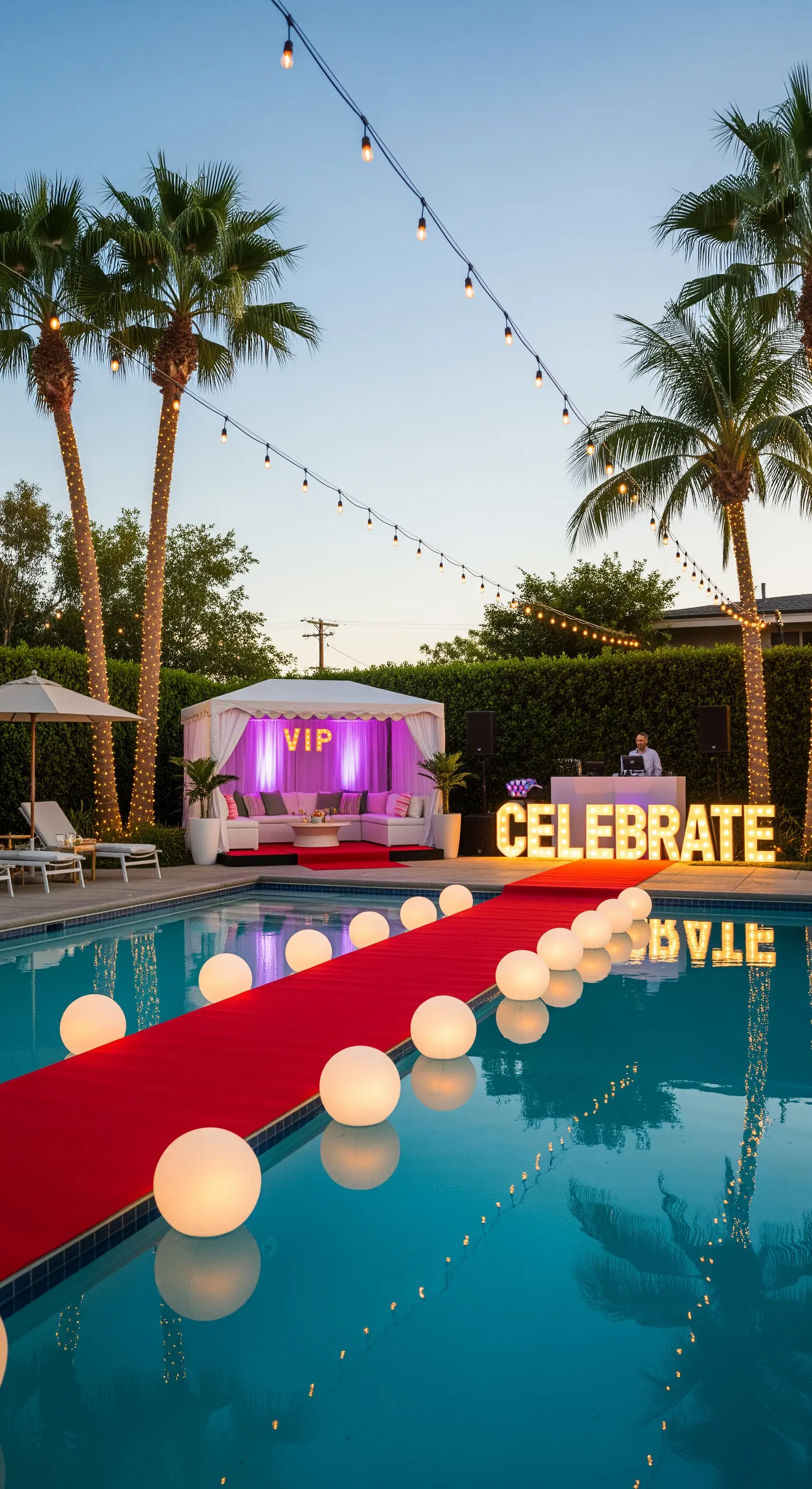 Pool party con tappeto rosso galleggiante, sfere luminose e cabana VIP.