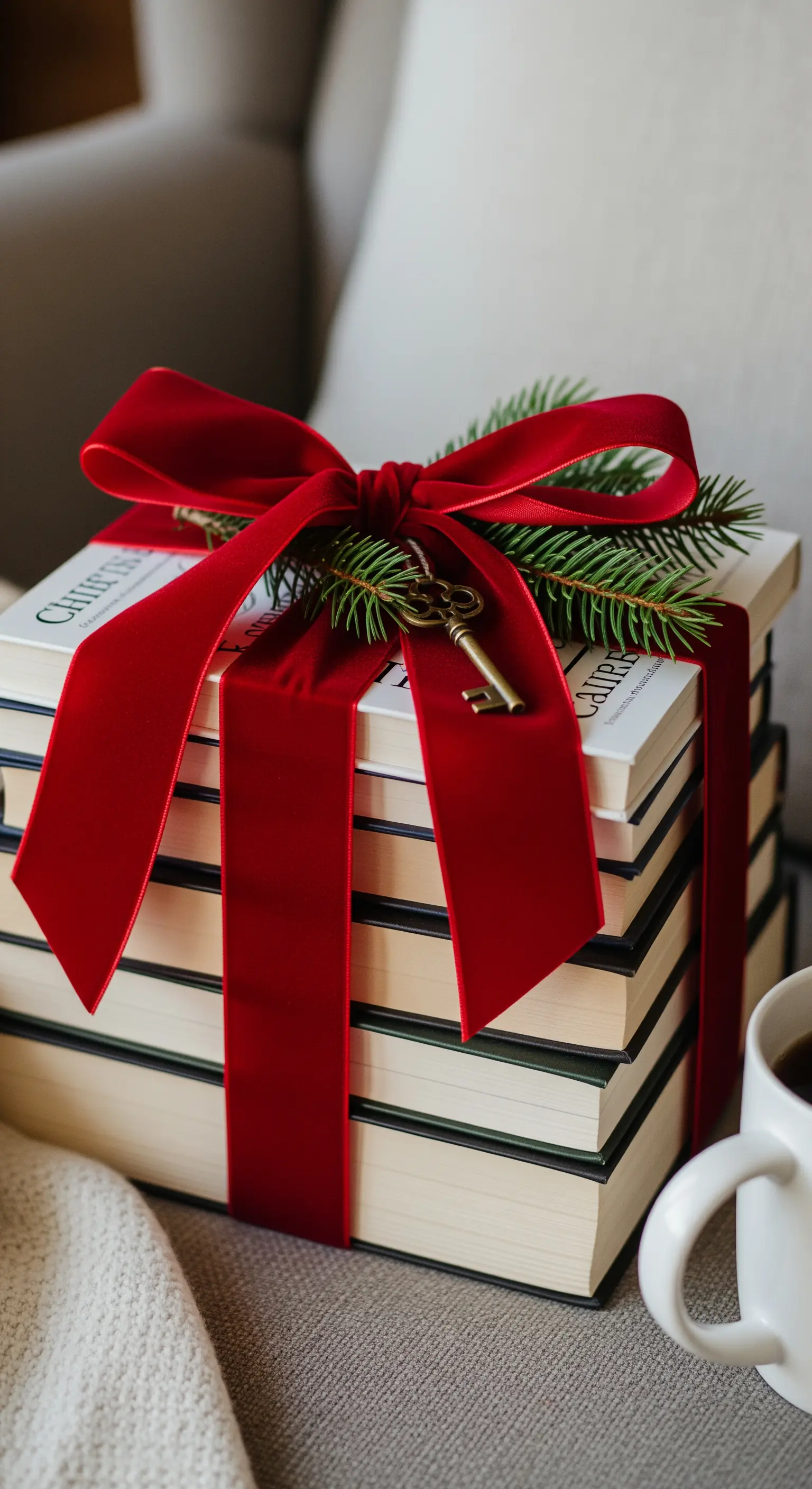 Pila di libri legata con un grande fiocco di velluto rosso e una piccola chiave.