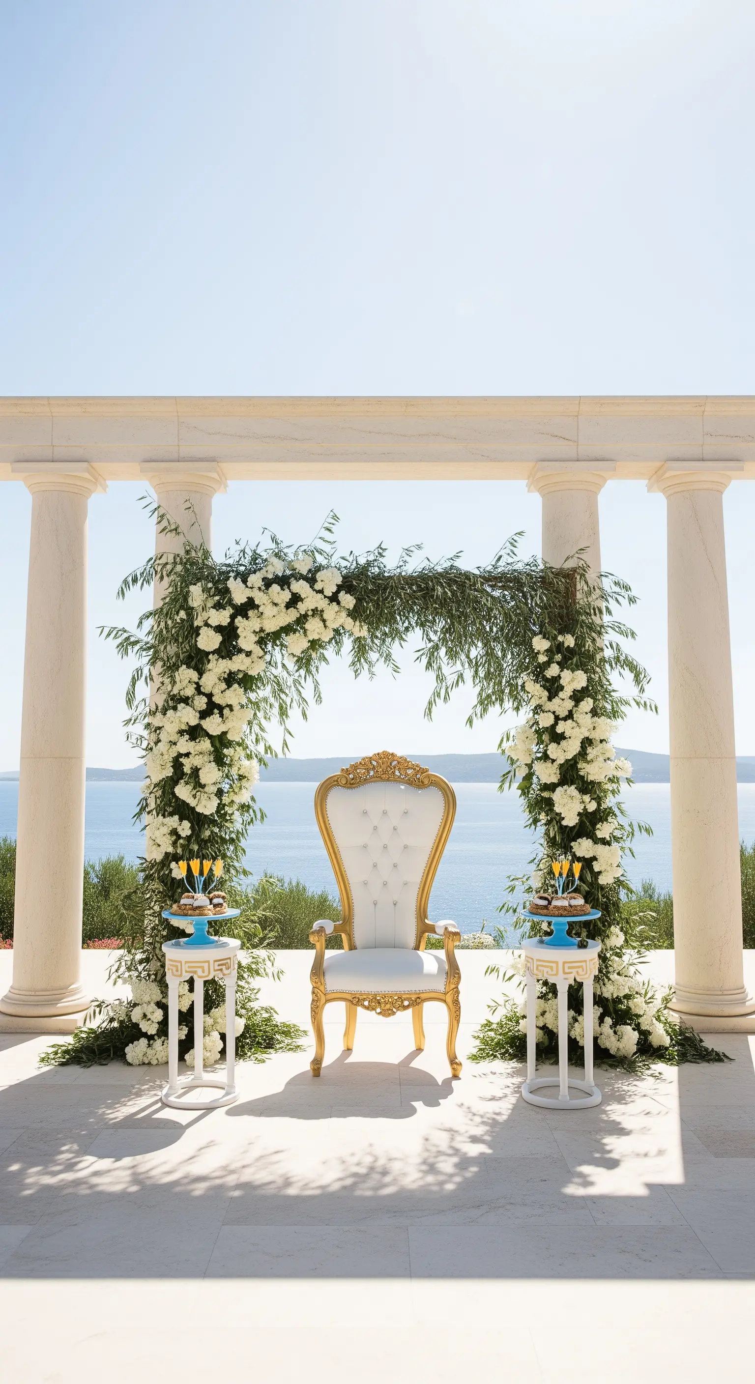 Trono bianco e oro su una terrazza di marmo affacciata sul mare.