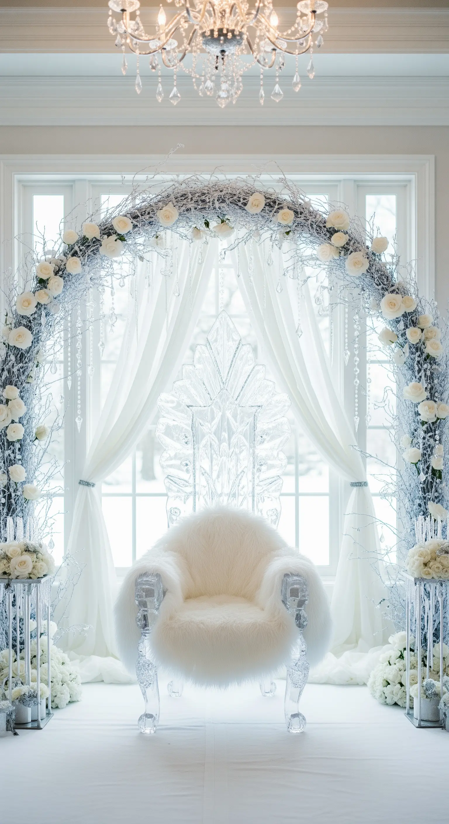 Trono bianco in pelliccia e acrilico, circondato da rami argentati.