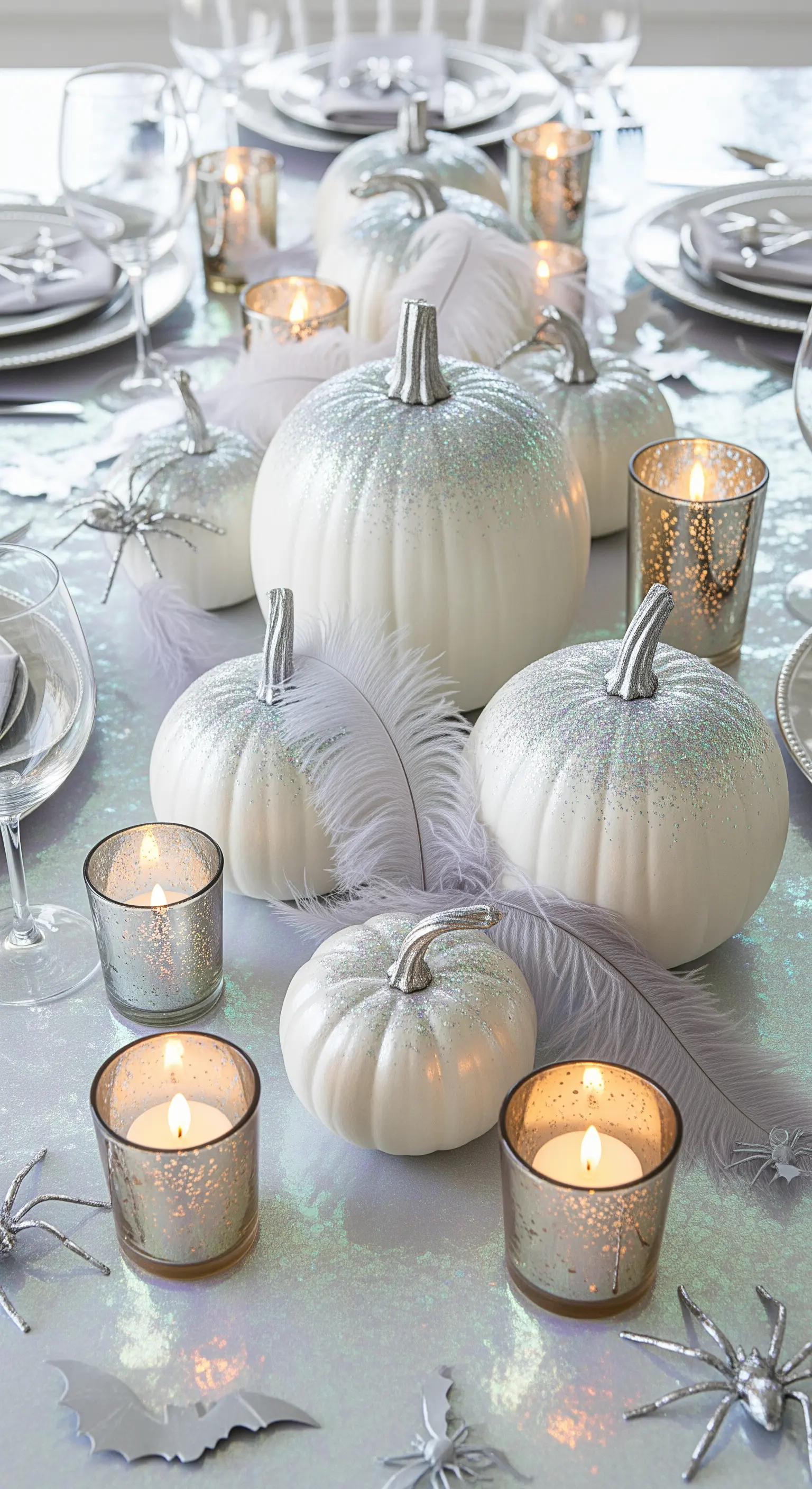 Allestimento bianco e argento con zucche, piume e portacandele.