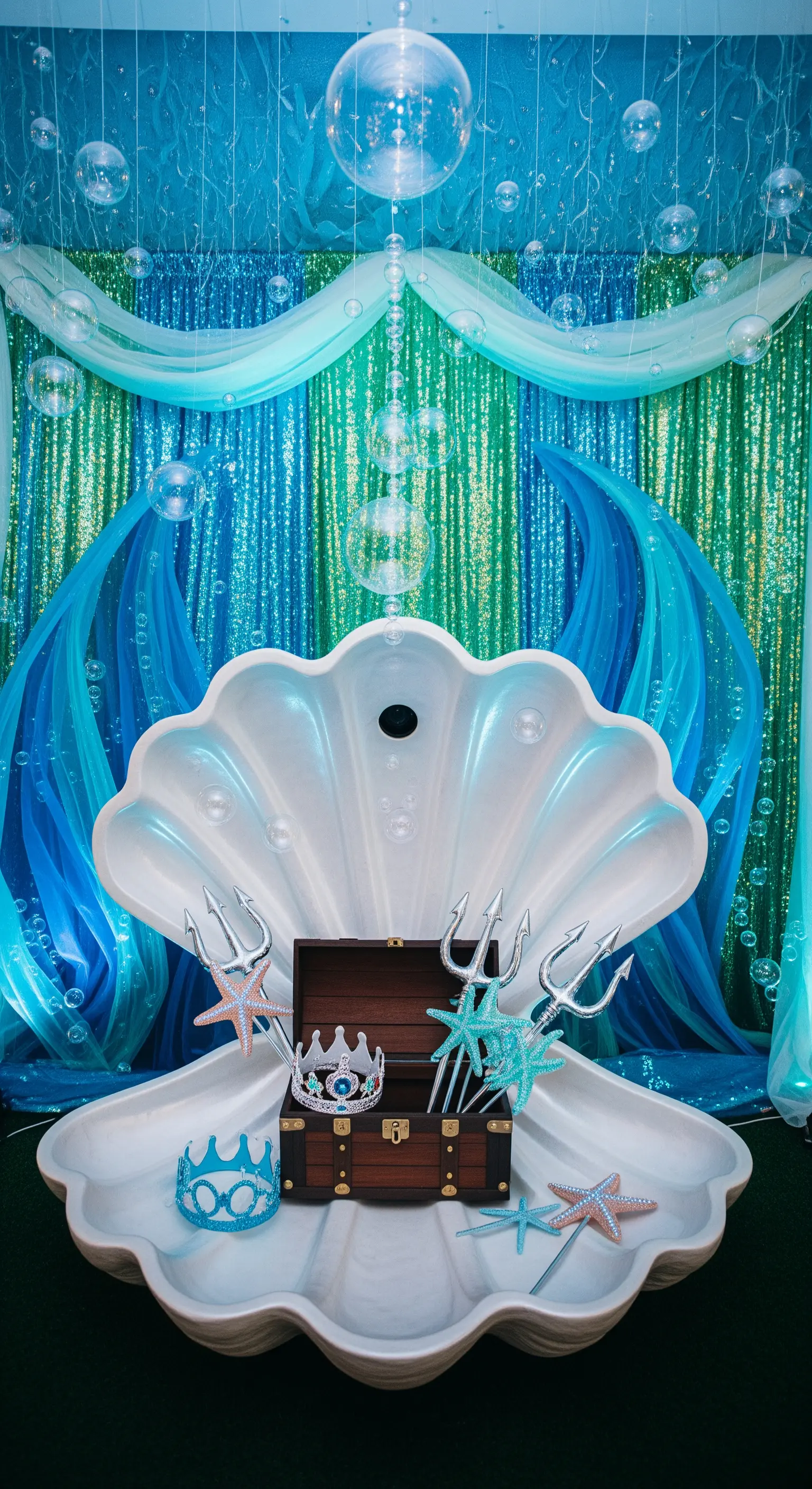 Photo booth a tema sirena con una grande conchiglia, fondale di paillettes e accessori marini.