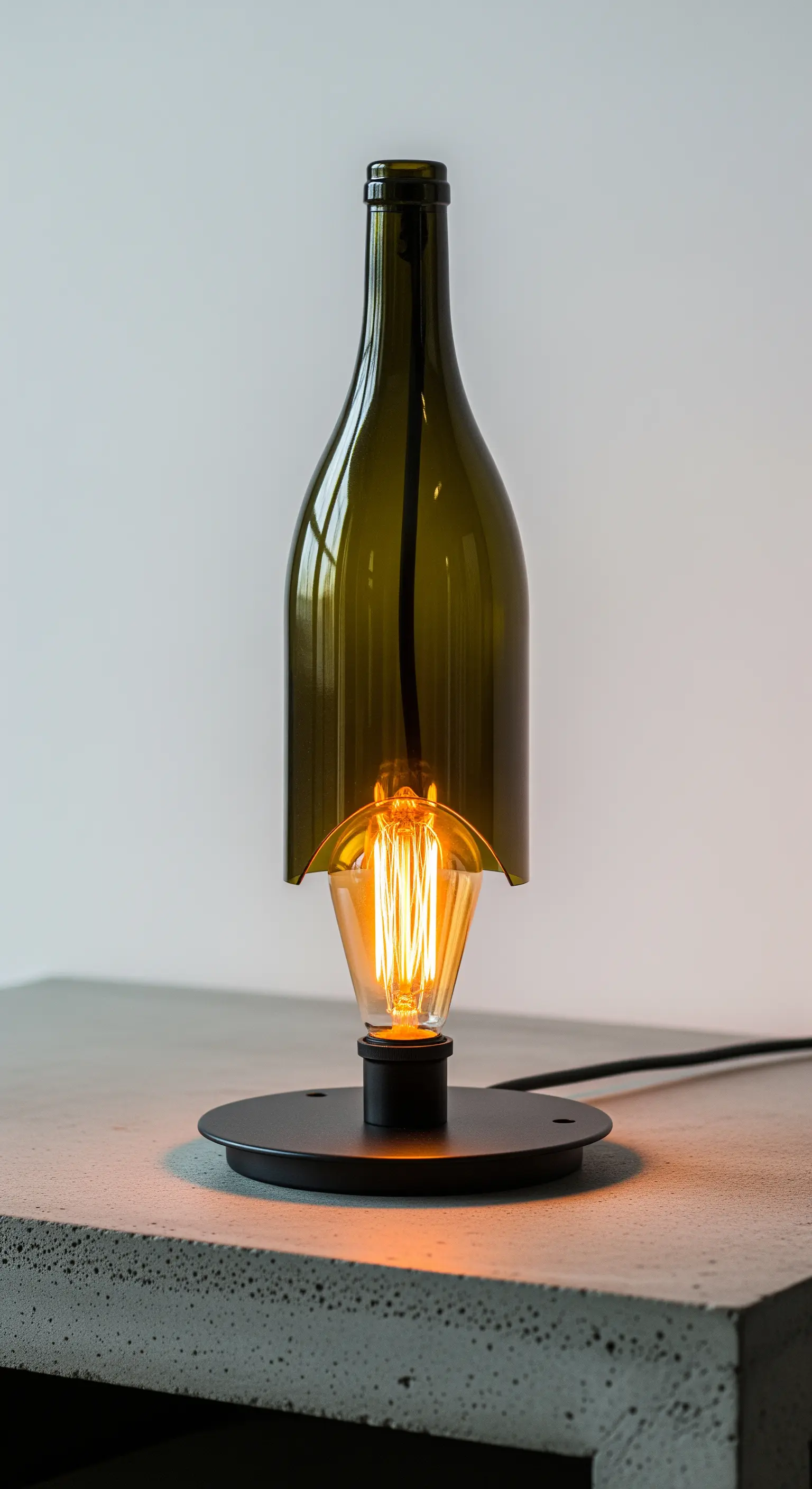 Bottiglia di vino tagliata usata come paralume su una base metallica nera.