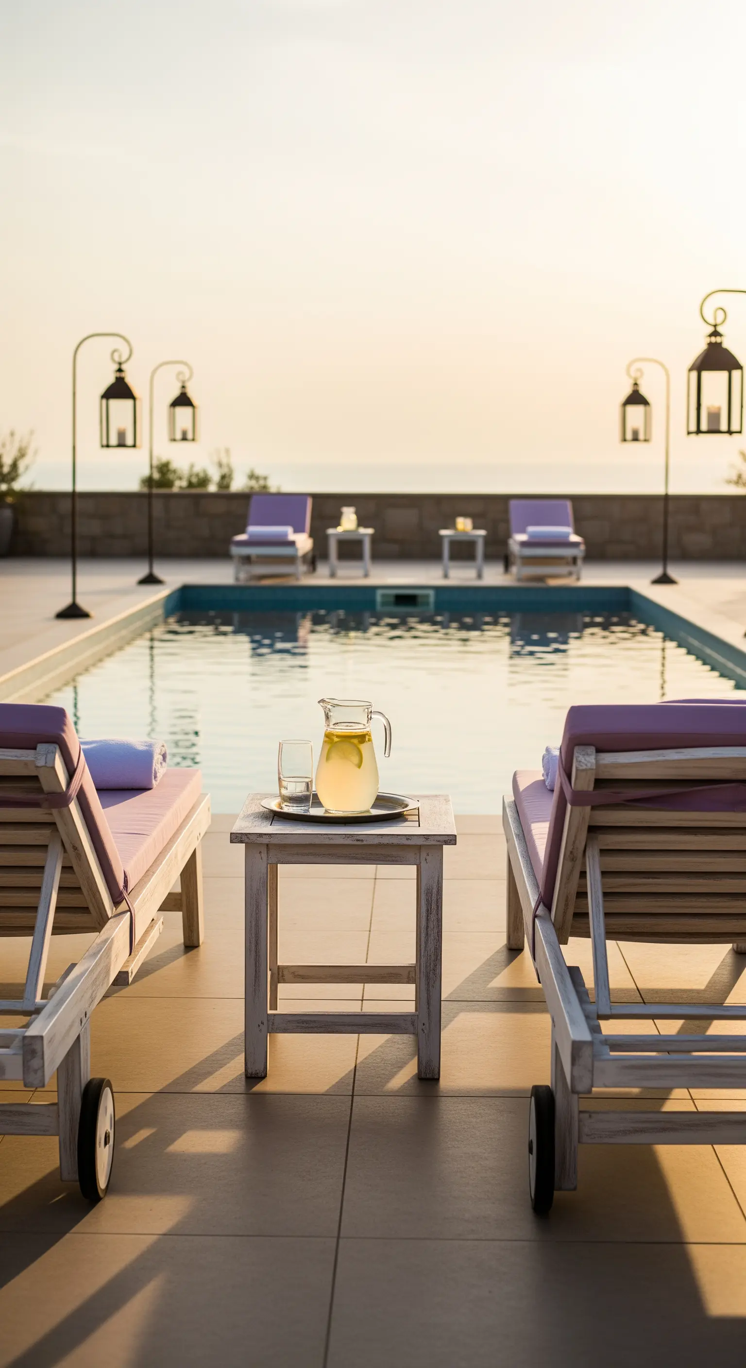 Lettini prendisole decapati con cuscini color lavanda a bordo piscina al tramonto.