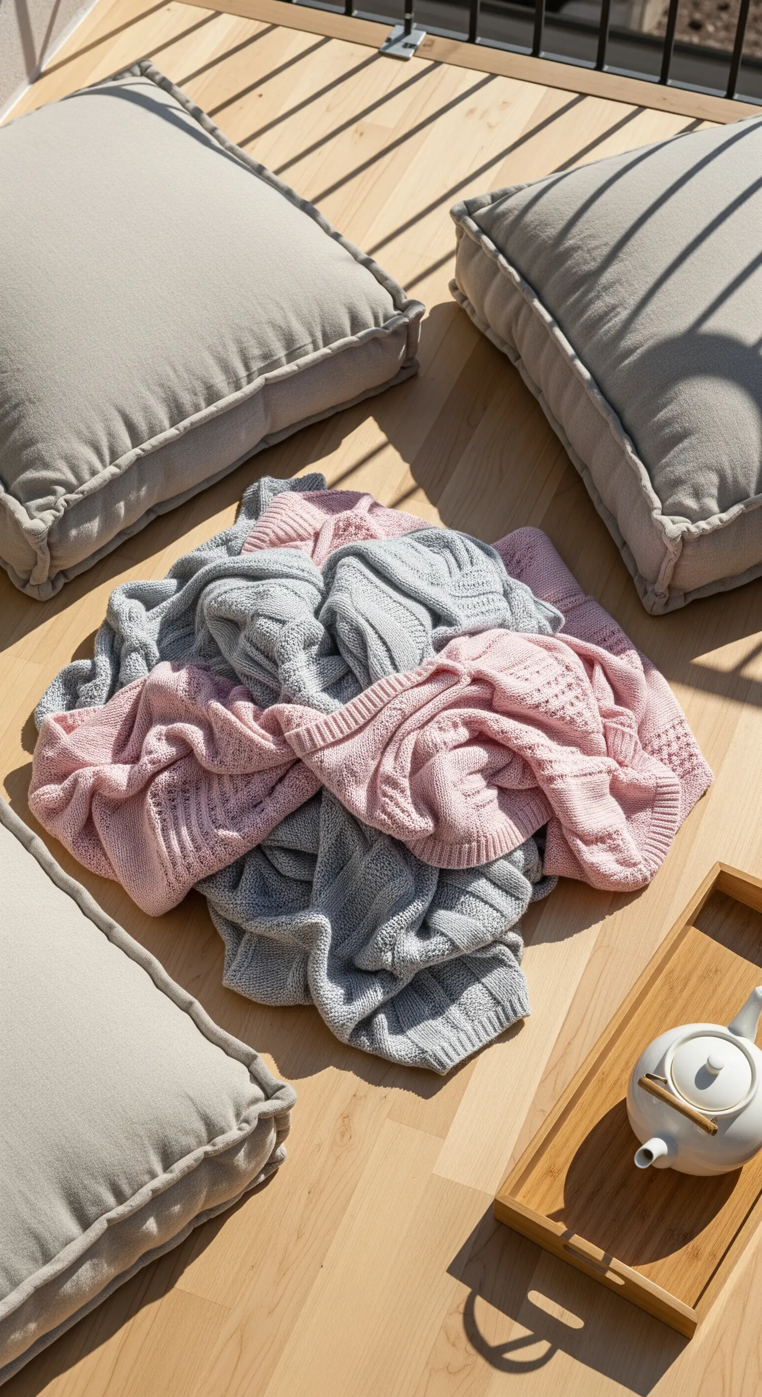 Cuscini da pavimento grigi e coperte rosa e grigie su un terrazzo in legno.