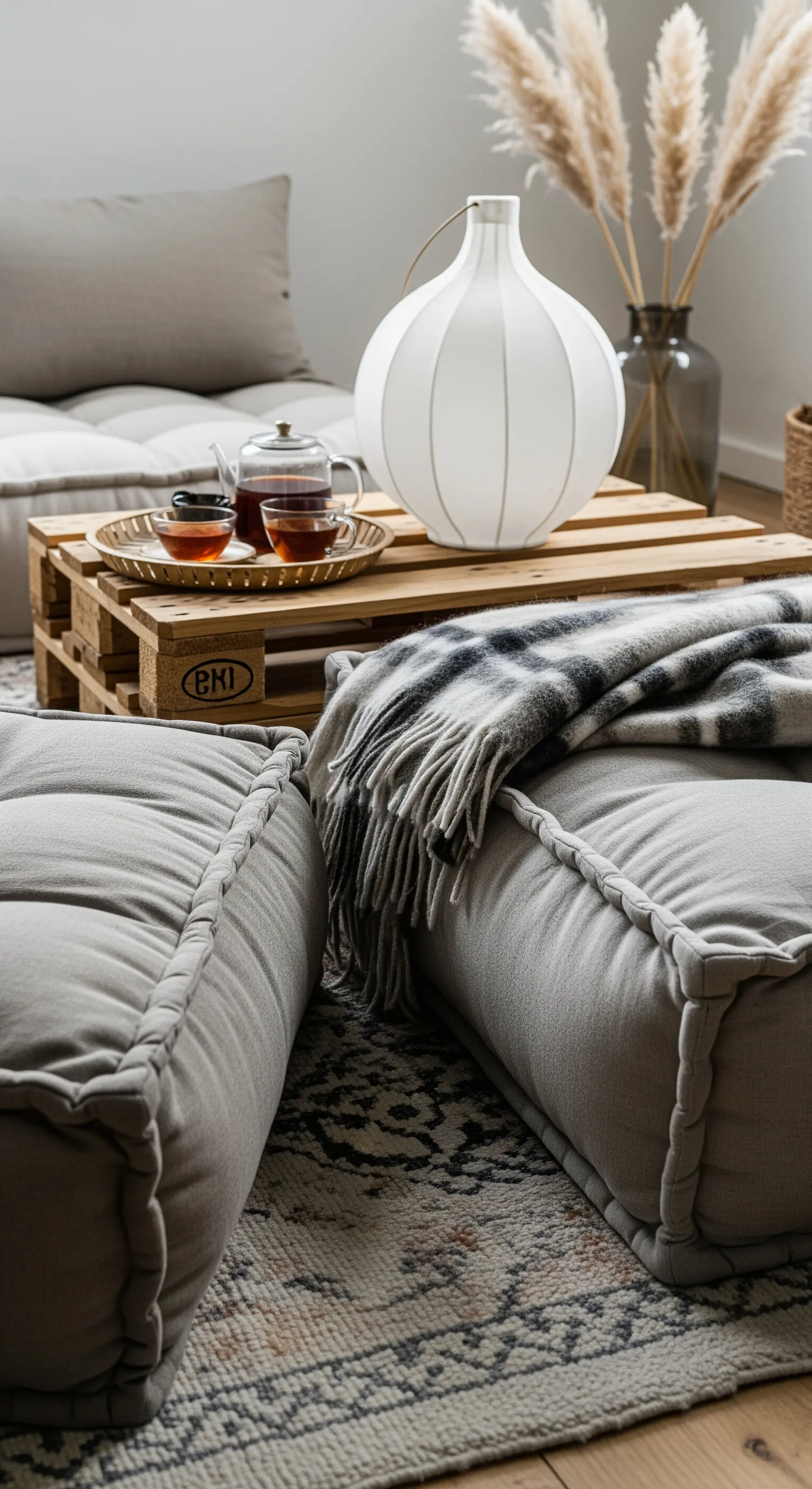 Salotto basso con cuscini da pavimento, tavolino in pallet e lampada sferica.