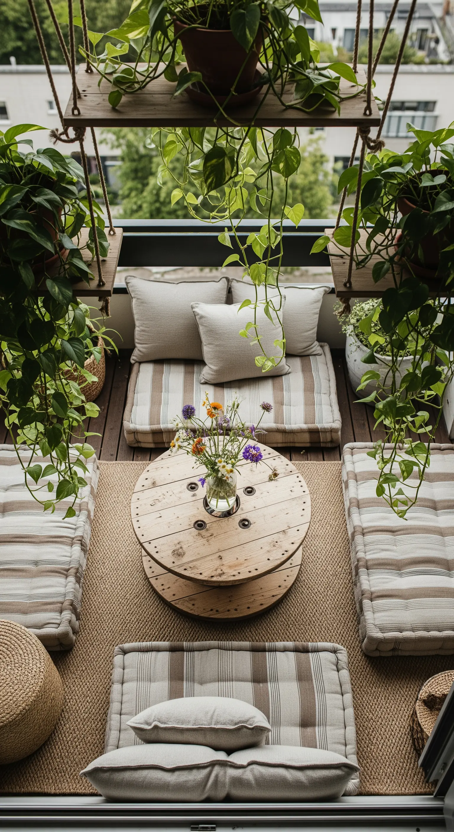 Salottino basso con materassini a righe, tappeto in juta e piante sospese su un balcone.