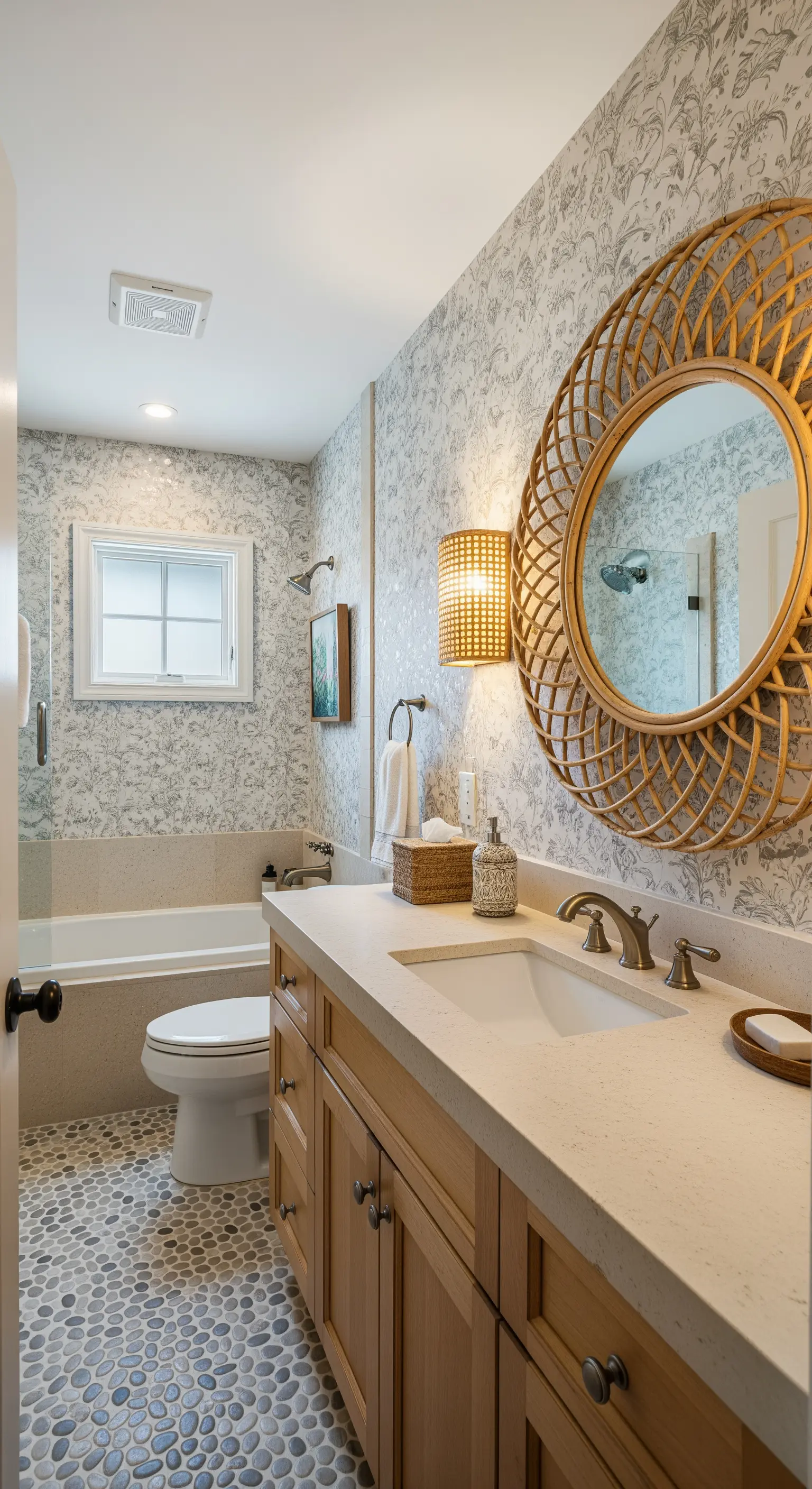 Bagno con carta da parati grigio-verde, specchio in rattan e pavimento a ciottoli.