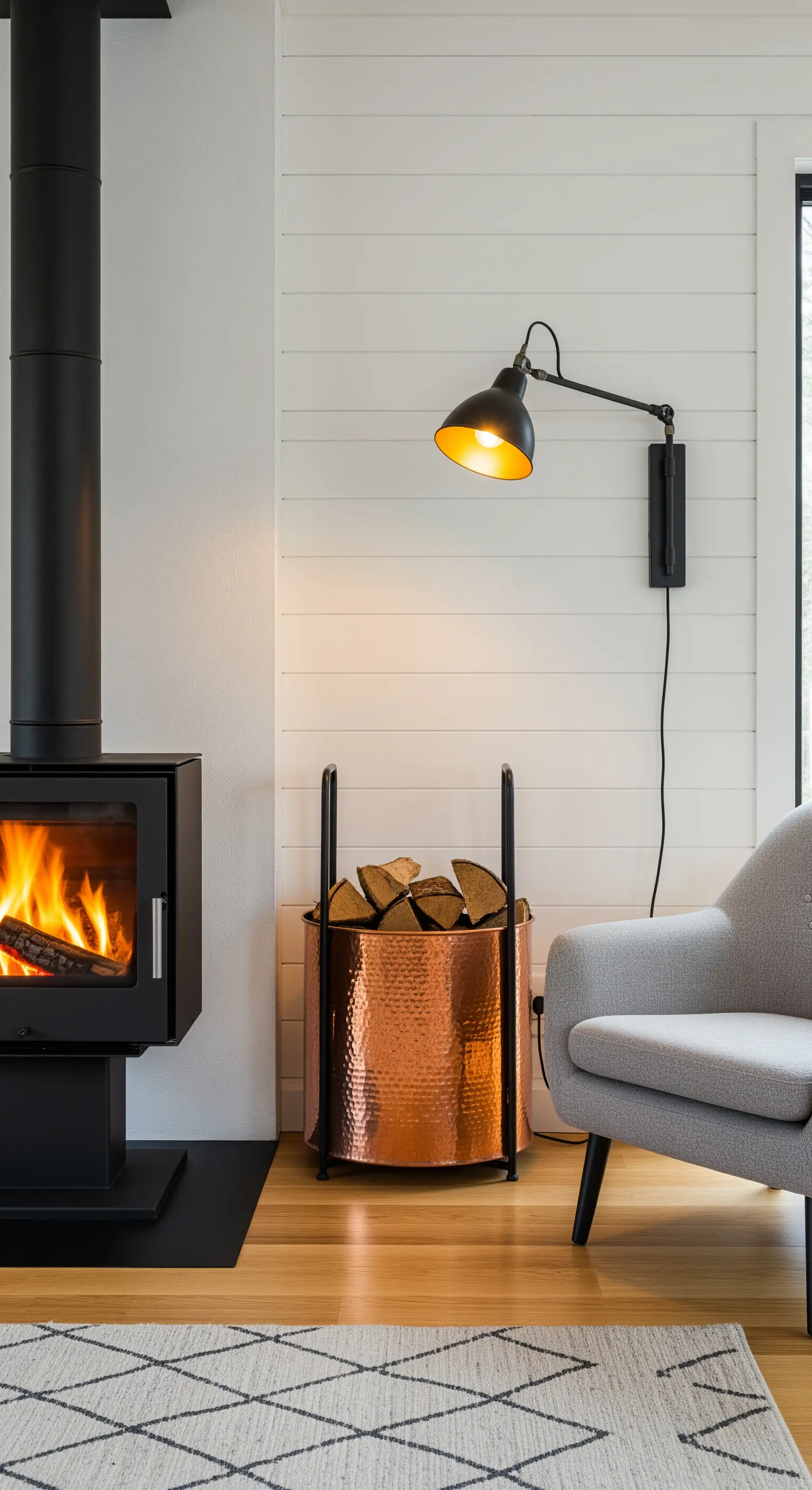 Stufa a legna nera con accanto un cesto portalegna in rame martellato e una poltrona grigia.