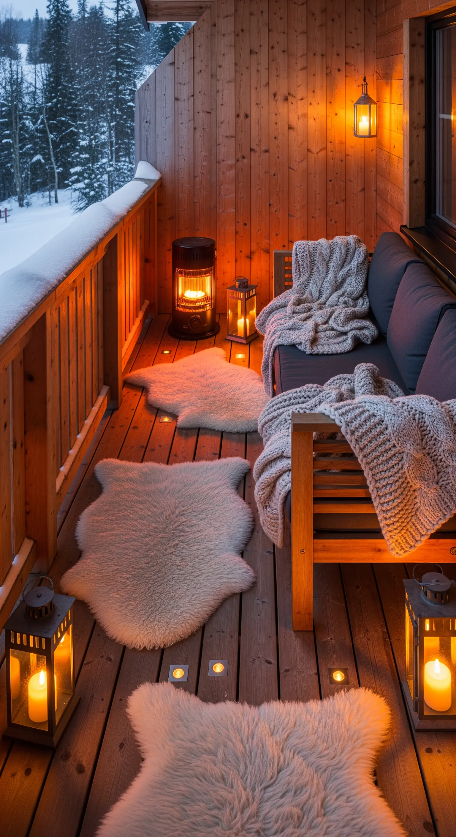 Balcone innevato con divano, coperte di lana, pellicce sintetiche e lanterne accese