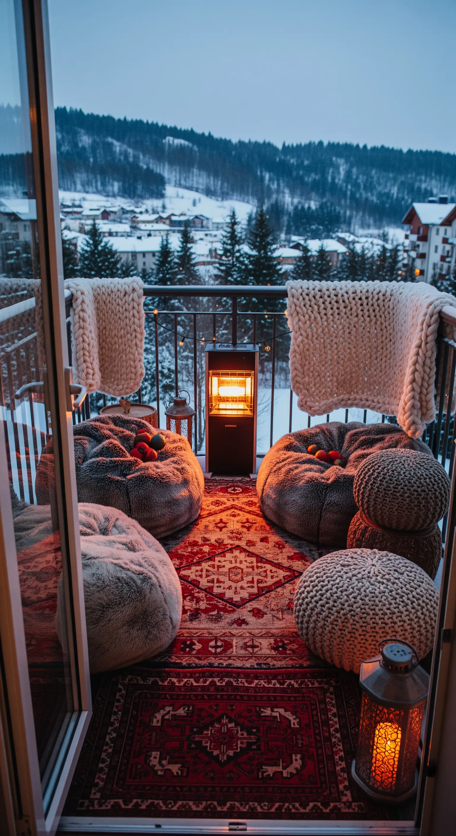 Balcone invernale con poltrone a sacco pelose, stufa elettrica e coperte di lana spessa.
