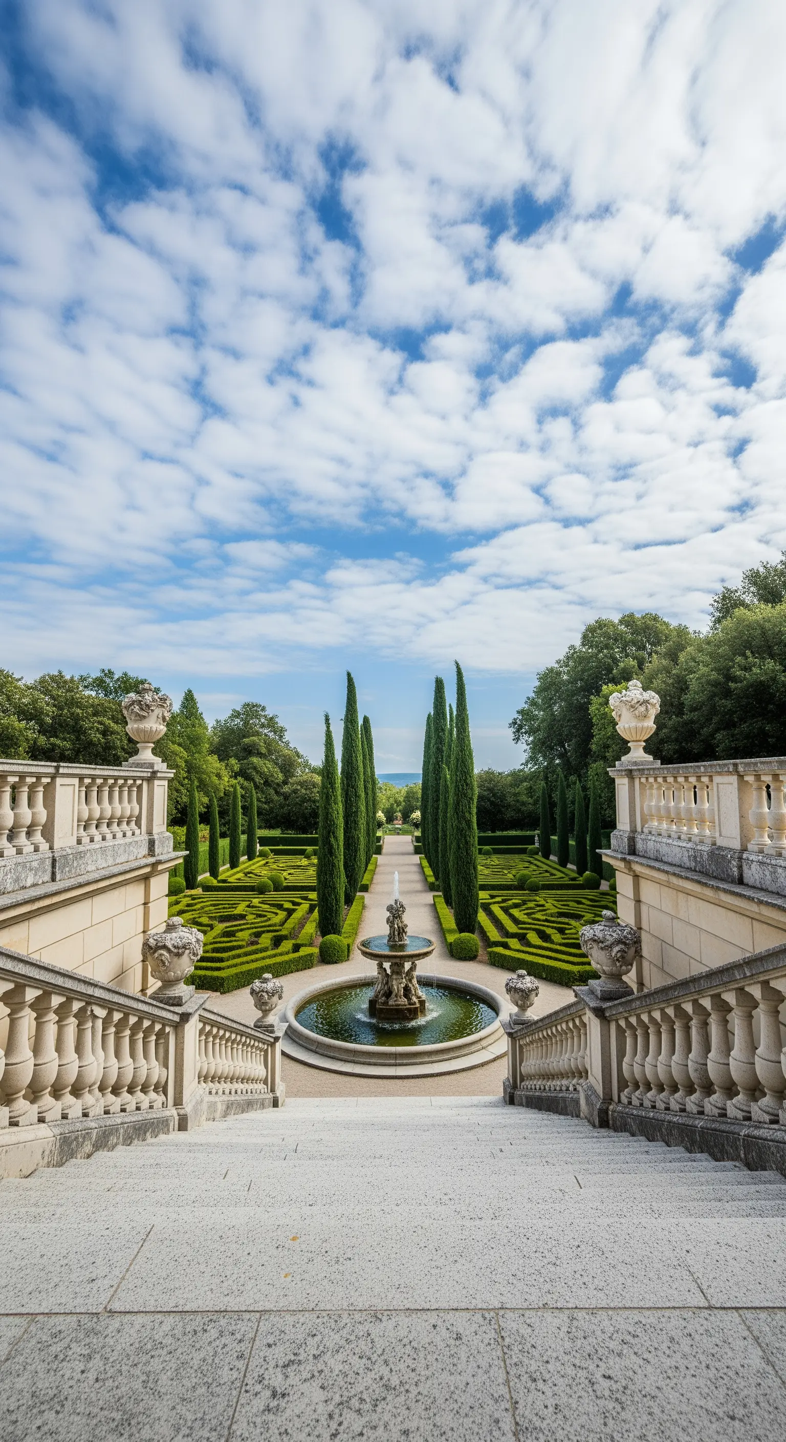 Vista dall'alto di una grande scalinata in pietra che scende verso un giardino formale con fontana