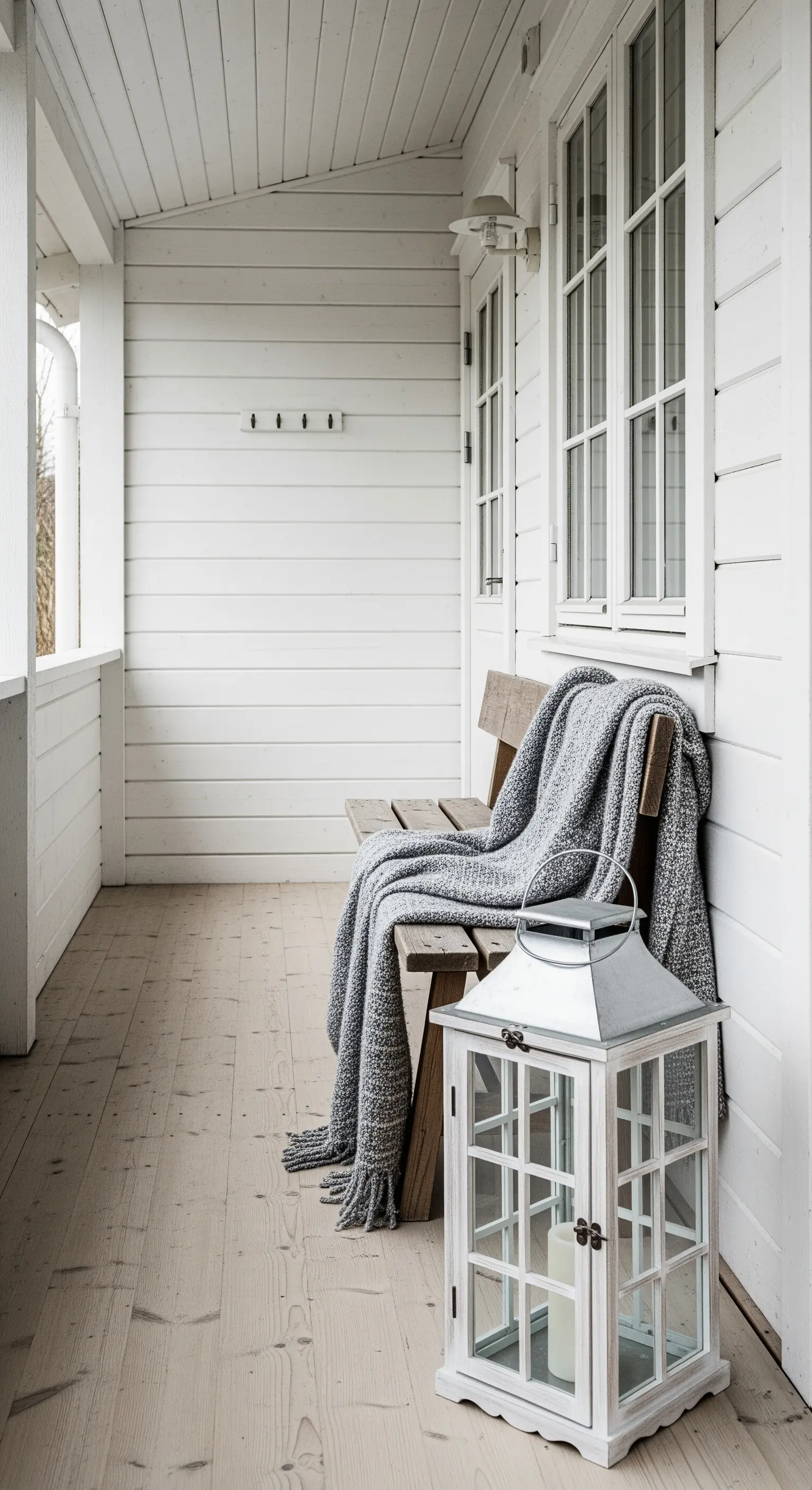 Panca in legno con plaid grigio e una grande lanterna bianca su una veranda