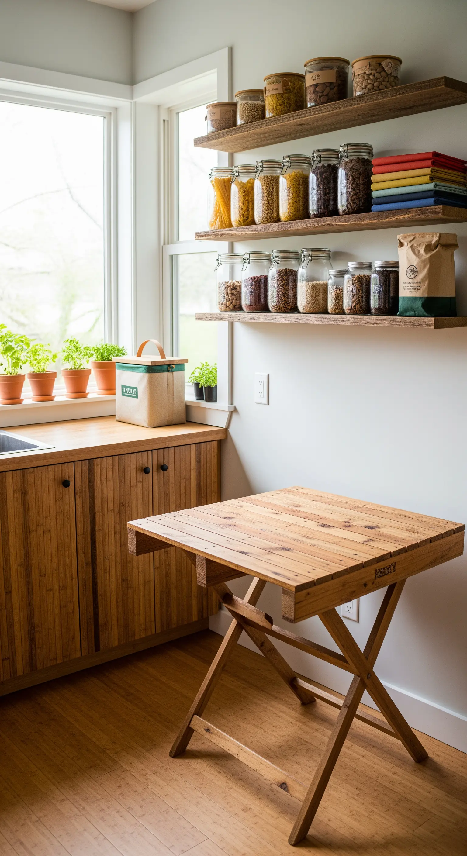 Cucina con mobili in bambù, mensole aperte con barattoli e un tavolo pieghevole in legno.