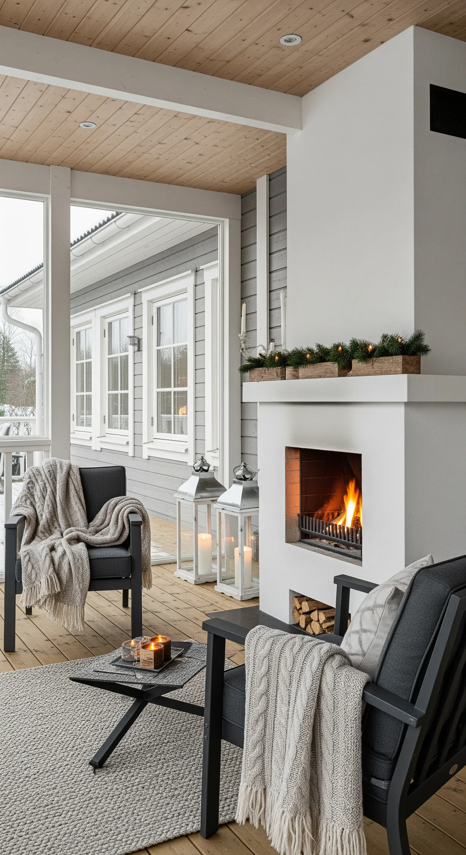 Veranda con camino moderno acceso, poltrone scure e plaid in lana a trecce