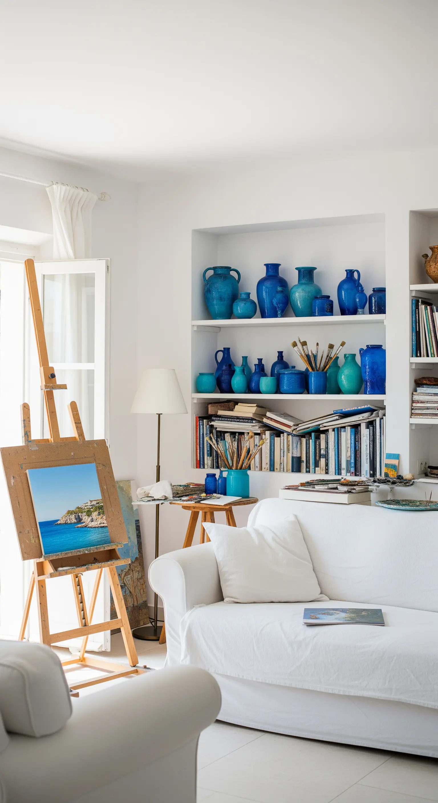 Angolo studio con libreria a muro bianca riempita di vasi in ceramica blu e libri.