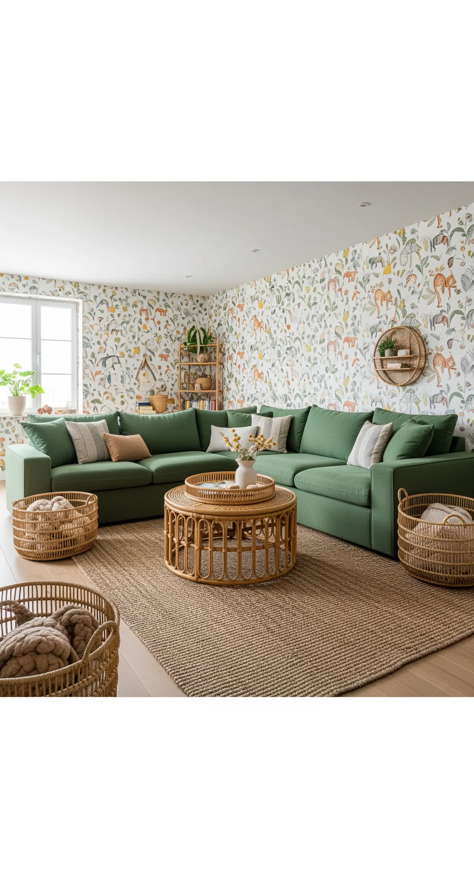 Soggiorno familiare con grande divano verde e carta da parati con animali della giungla.