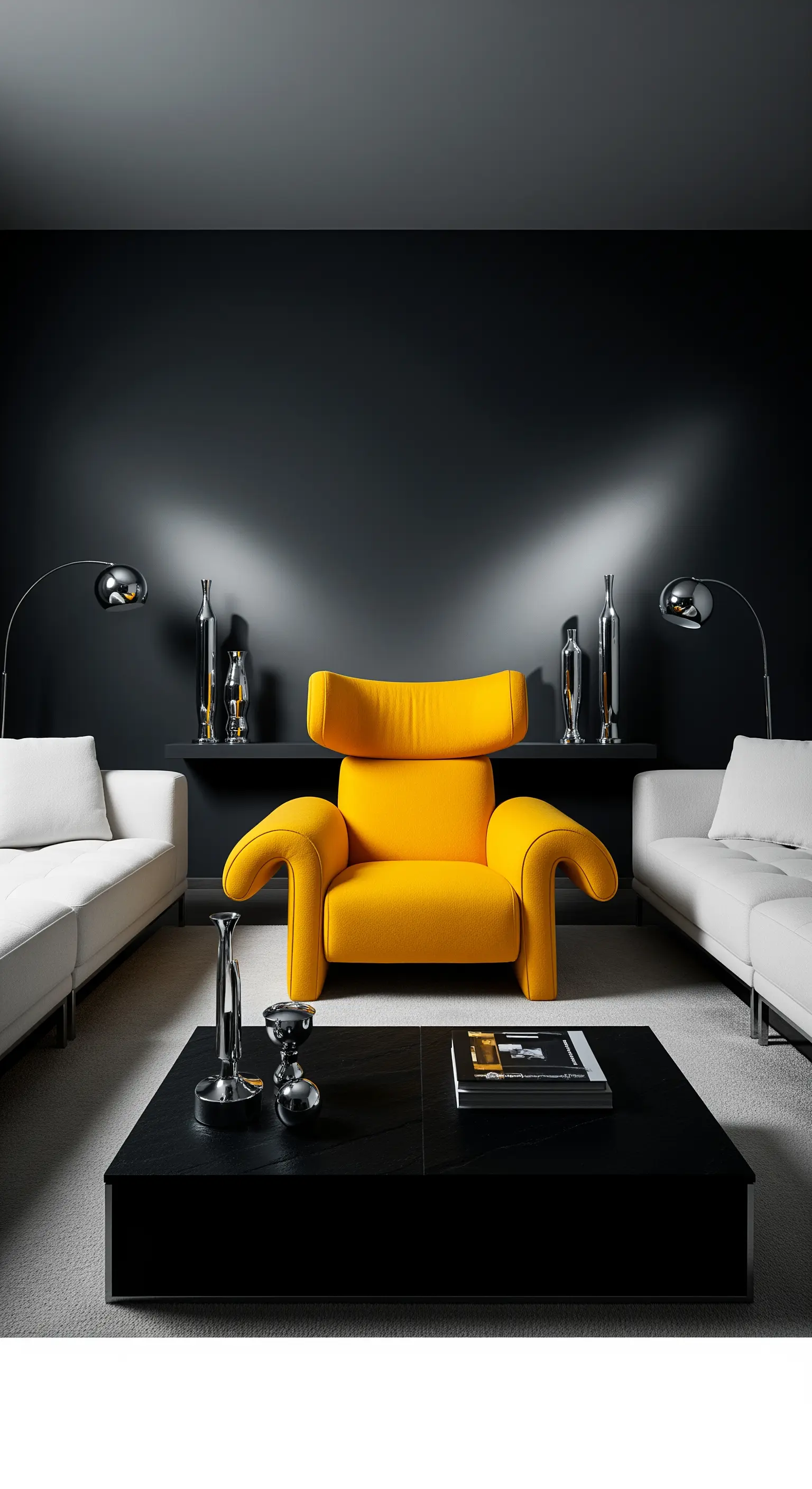 Salotto drammatico con pareti nere, divani bianchi e una poltrona di design color senape al centro.
