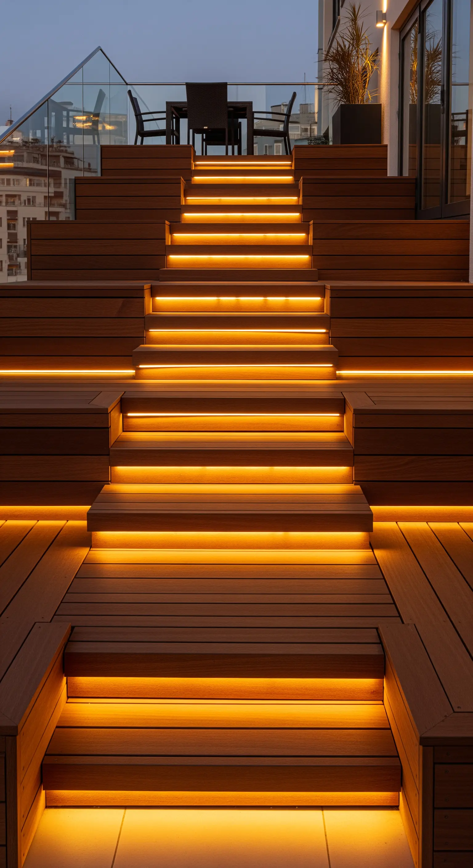 Grande scala esterna in legno con strisce LED integrate sotto ogni gradino