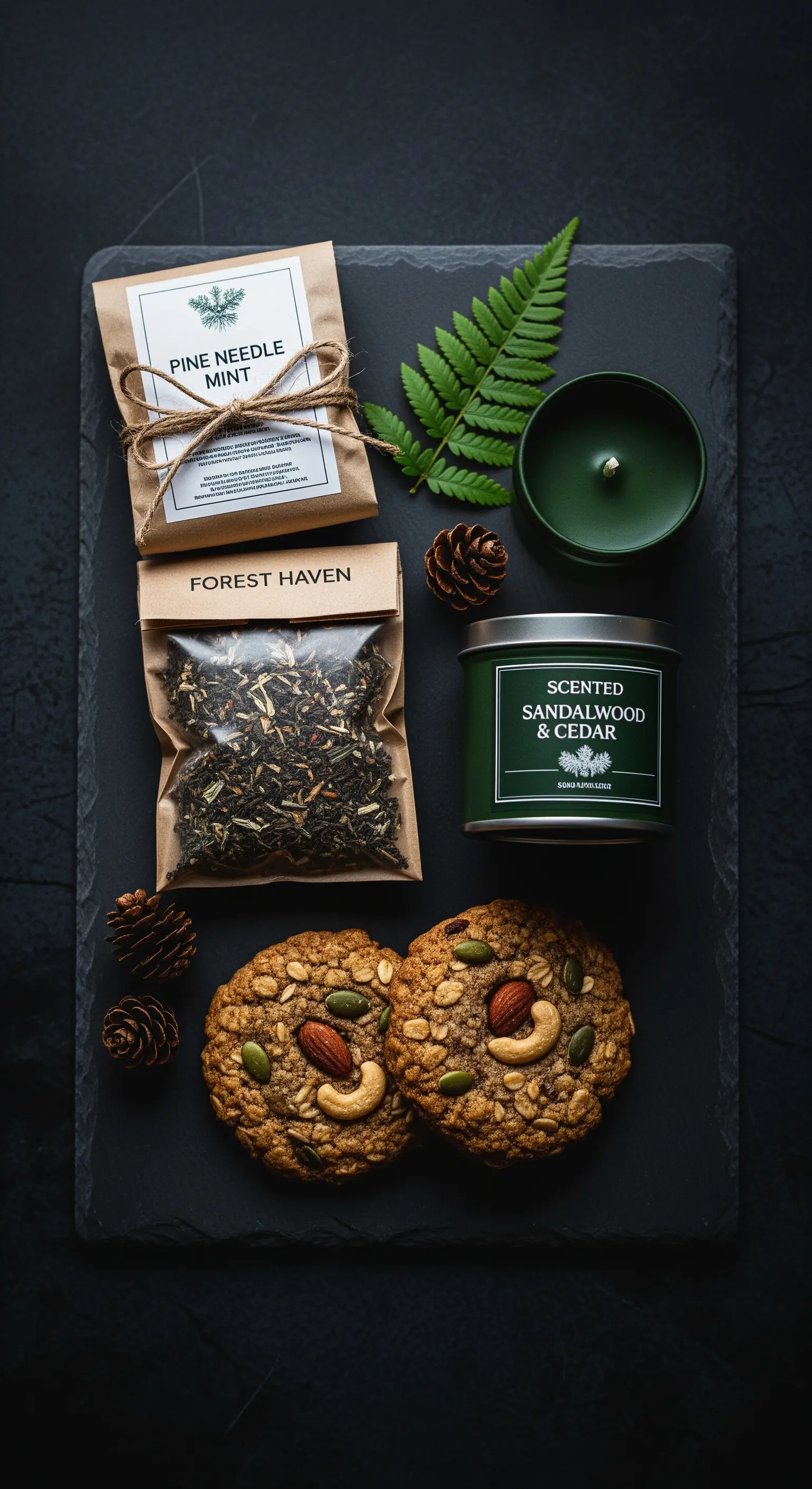 Kit regalo a tema bosco con tè al pino, biscotti rustici e candela al sandalo.