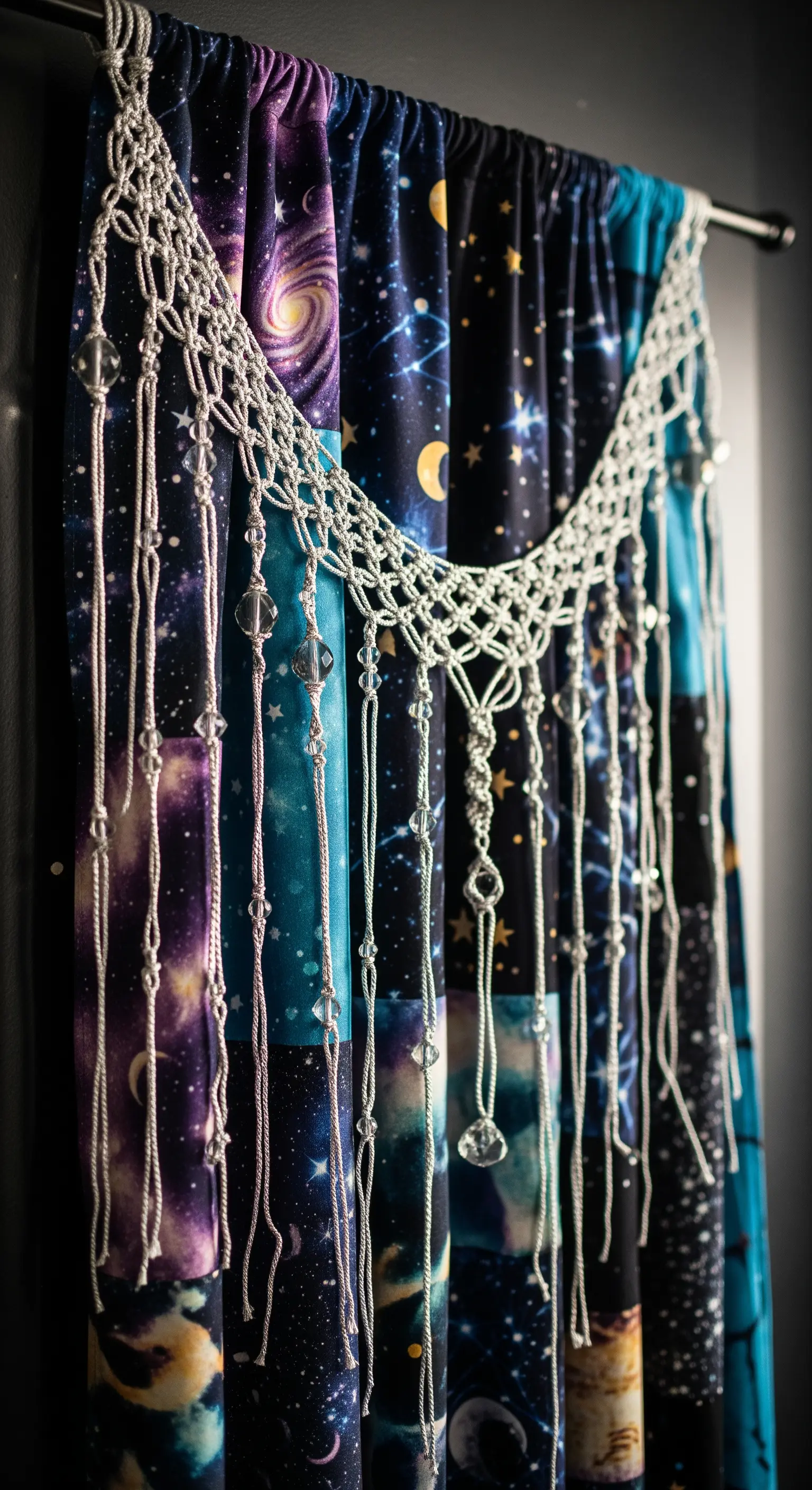 Dettaglio di una rete in macramè con perle di cristallo su una tenda con stampa galassia.