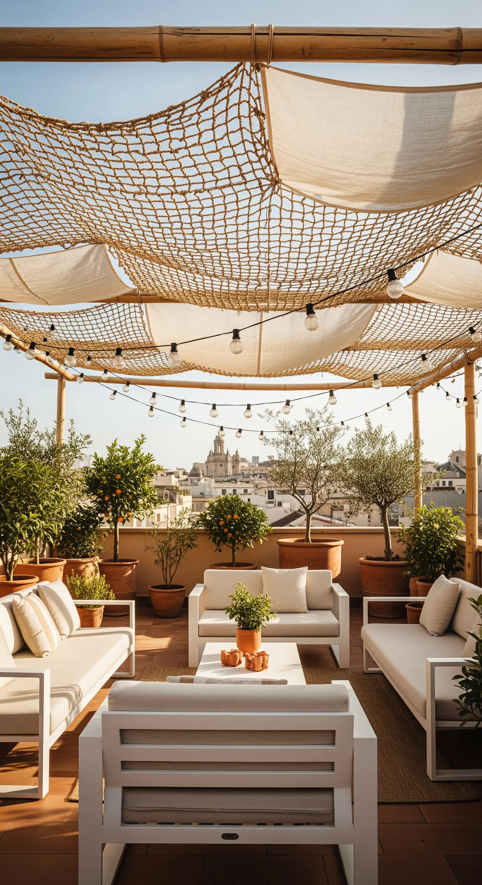 Terrazza con pergolato coperto da una rete e teli di canapa.