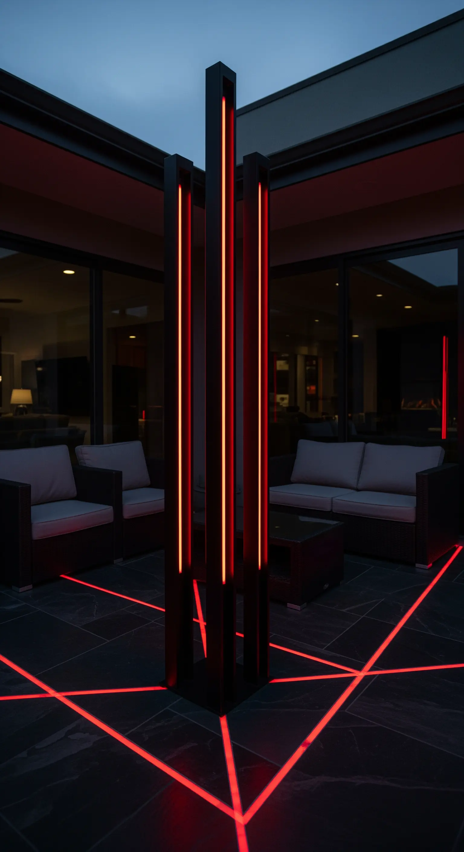 Patio moderno con scultura nera e linee di luce rossa a pavimento.