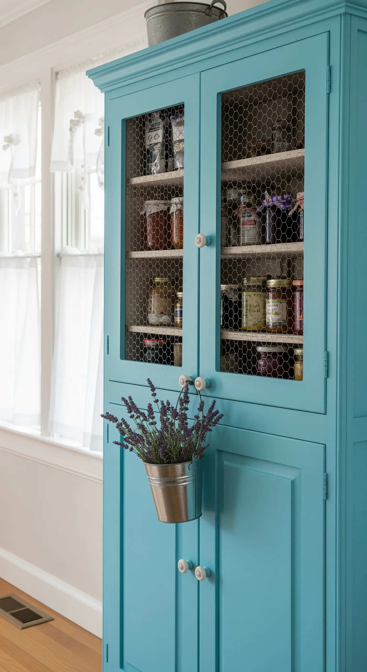 Credenza shabby turchese con ante in rete metallica che mostrano barattoli.