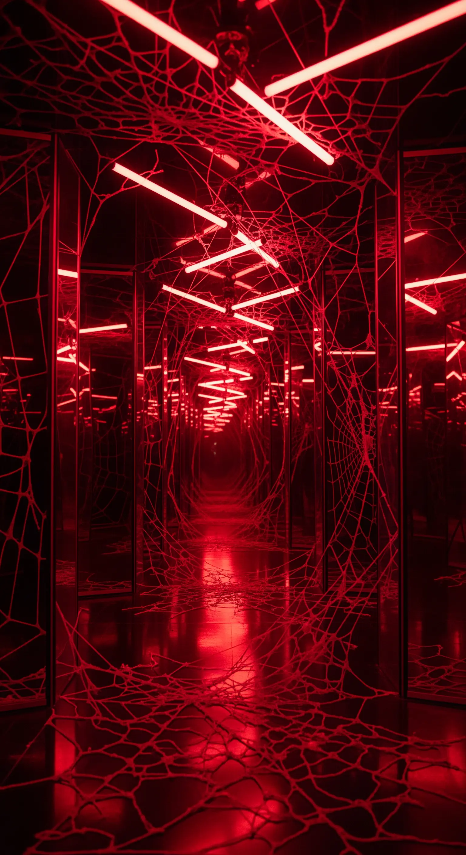 Labirinto di specchi con ragnatele di luce rossa al neon.