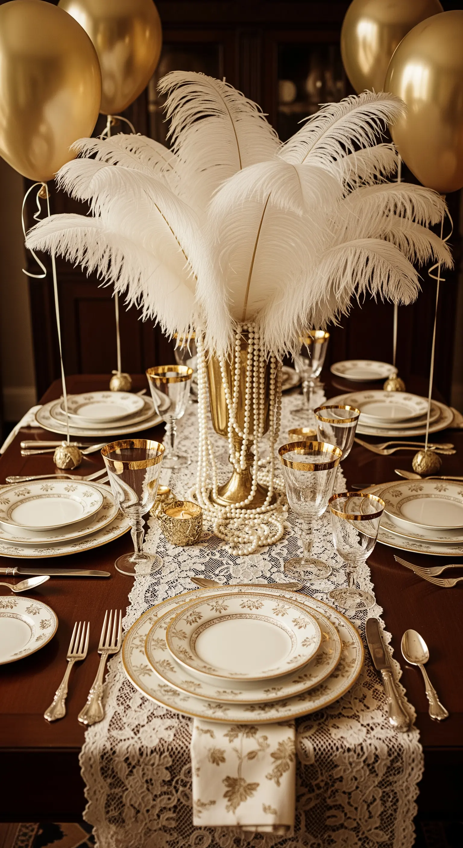 Tavola in stile anni '20 con centrotavola di piume, perle e runner in pizzo.