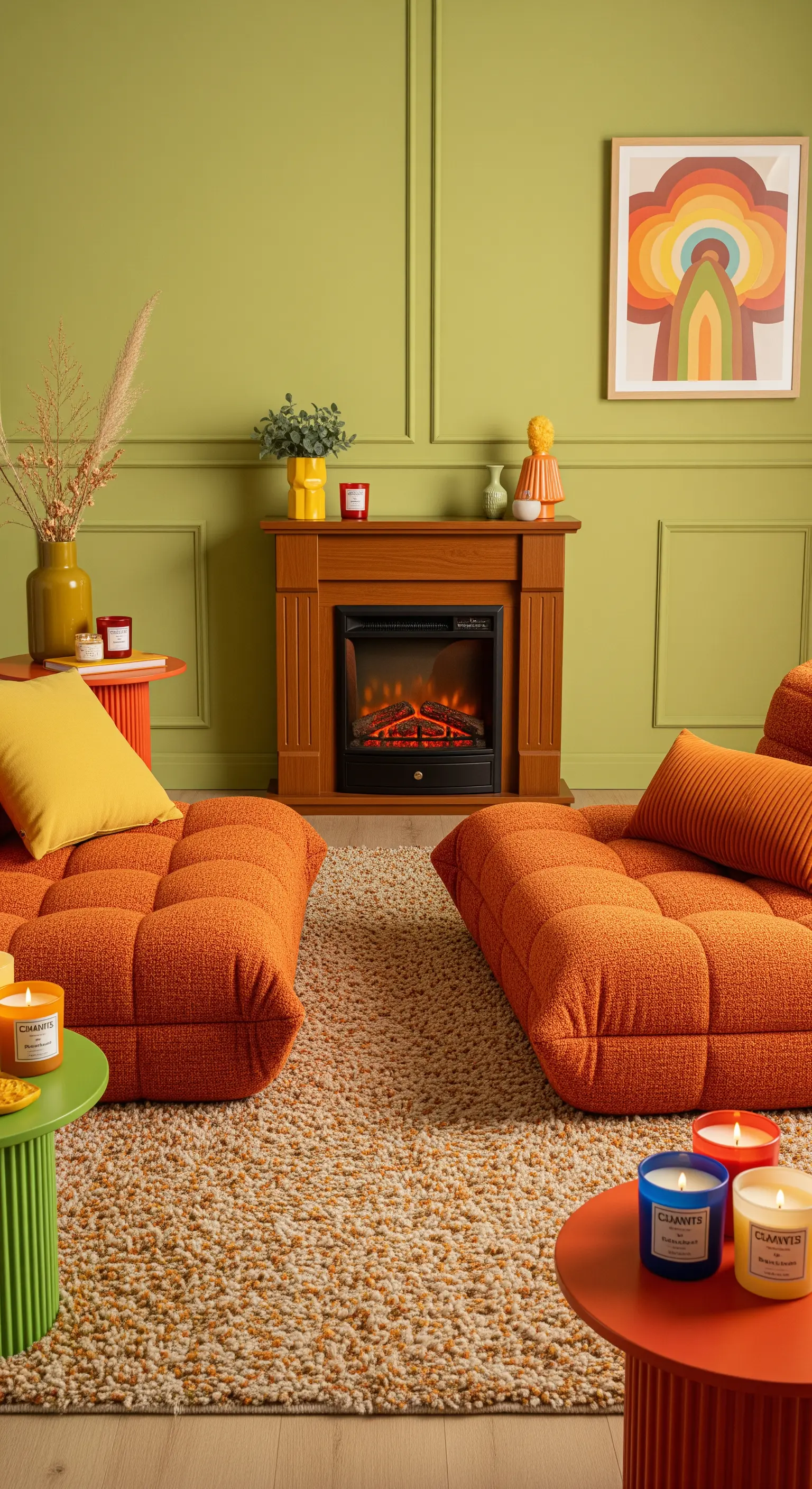 Soggiorno in stile anni '70 con divani arancioni, pareti verdi e tappeto shaggy.