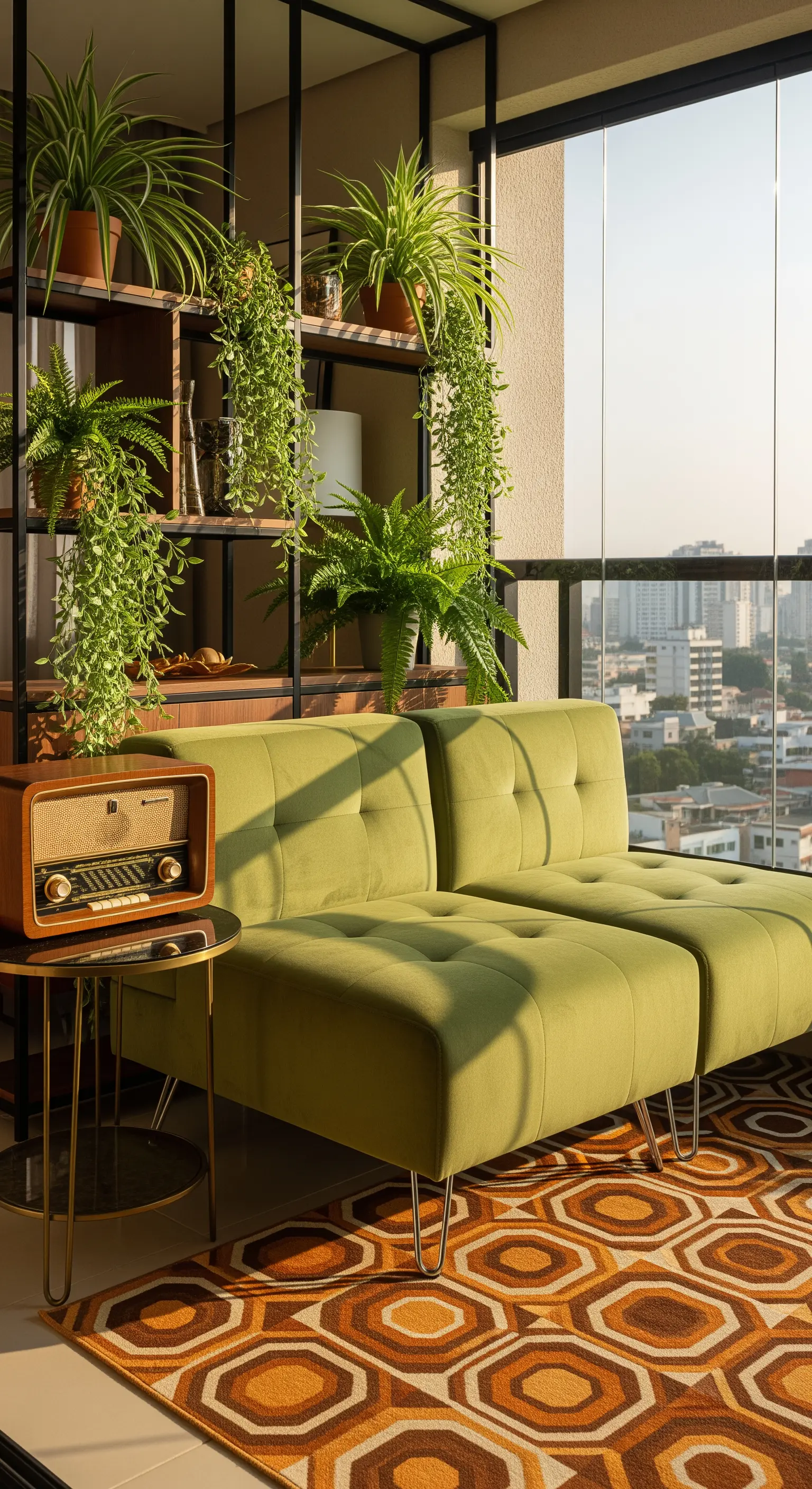 Balcone in stile vintage con divano verde, tappeto con motivo anni '70 e piante verdi.