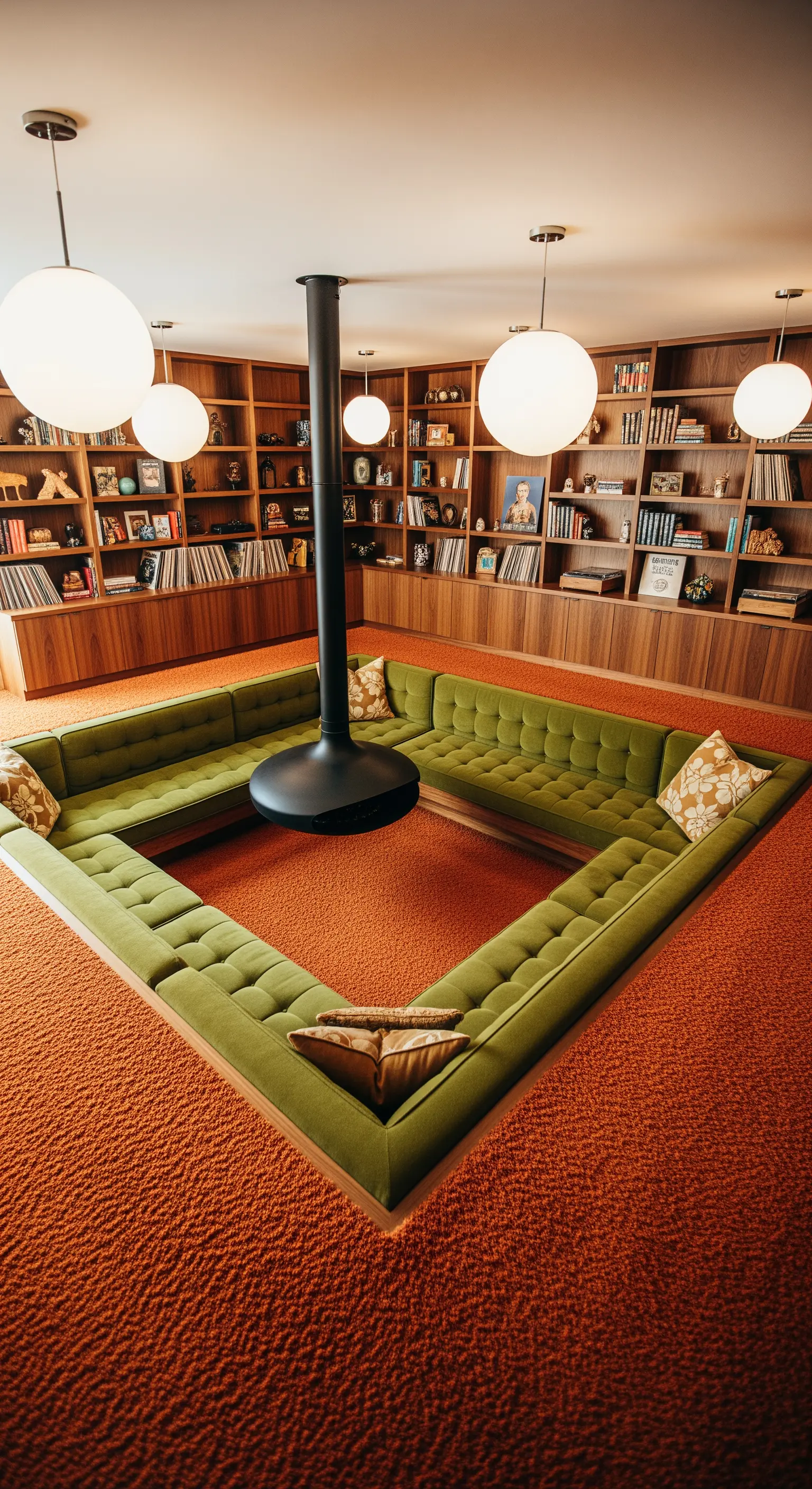 Salotto anni '70 con divano incassato a U e librerie perimetrali.