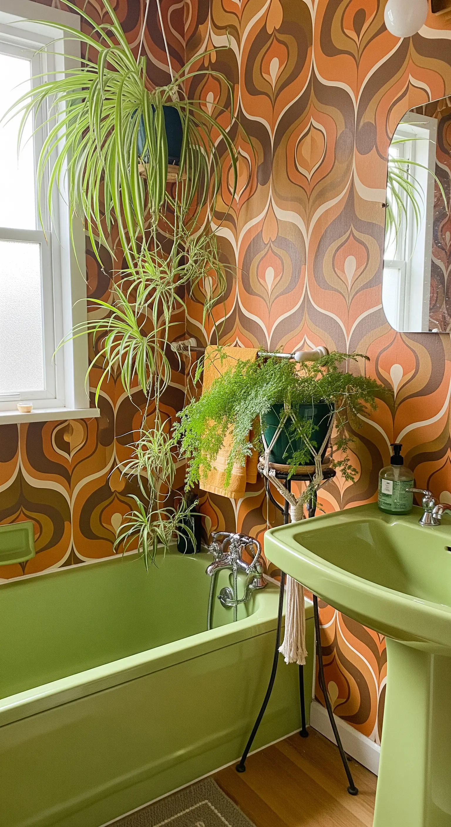 Bagno in stile anni '70 con carta da parati optical, sanitari verdi e piante a cascata.