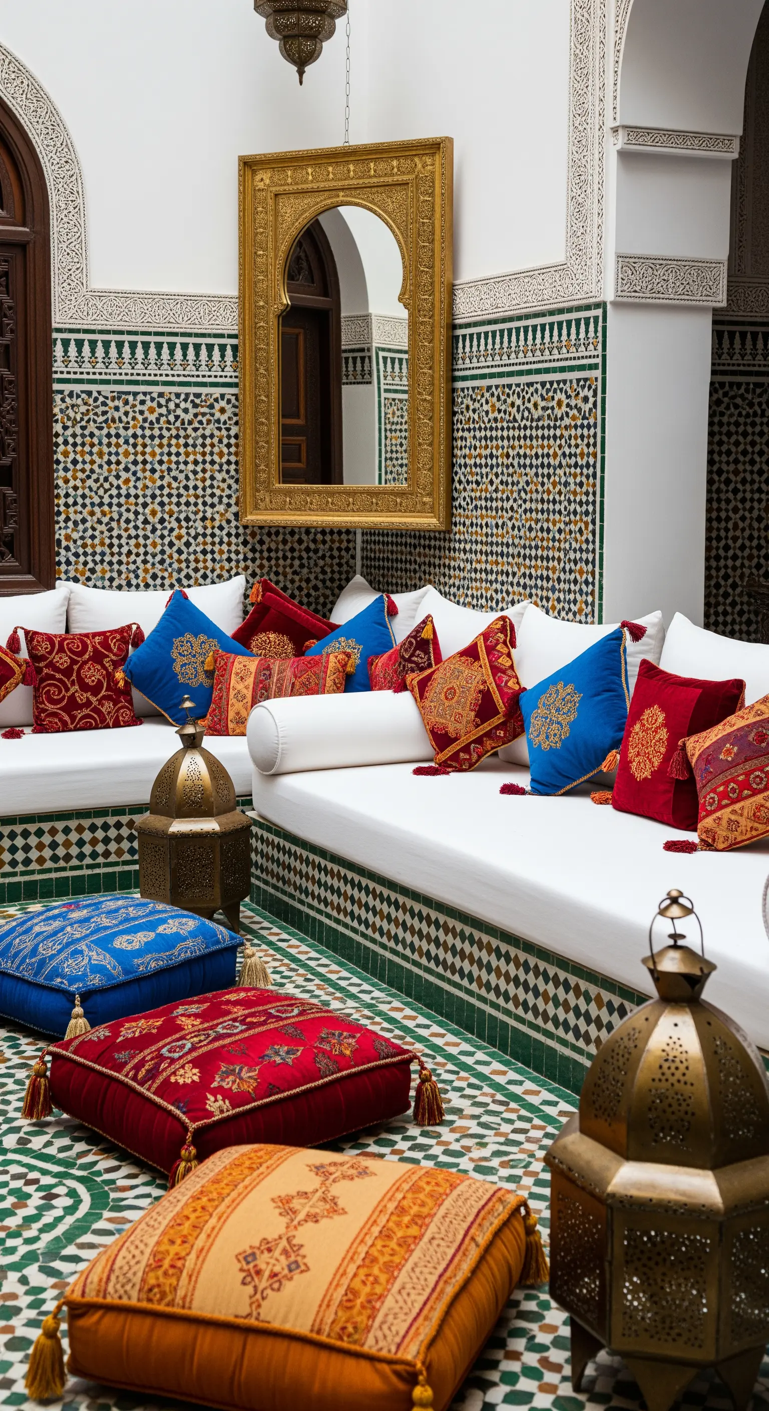 Patio marocchino con mosaici, divani bianchi bassi, specchio dorato e cuscini etnici.