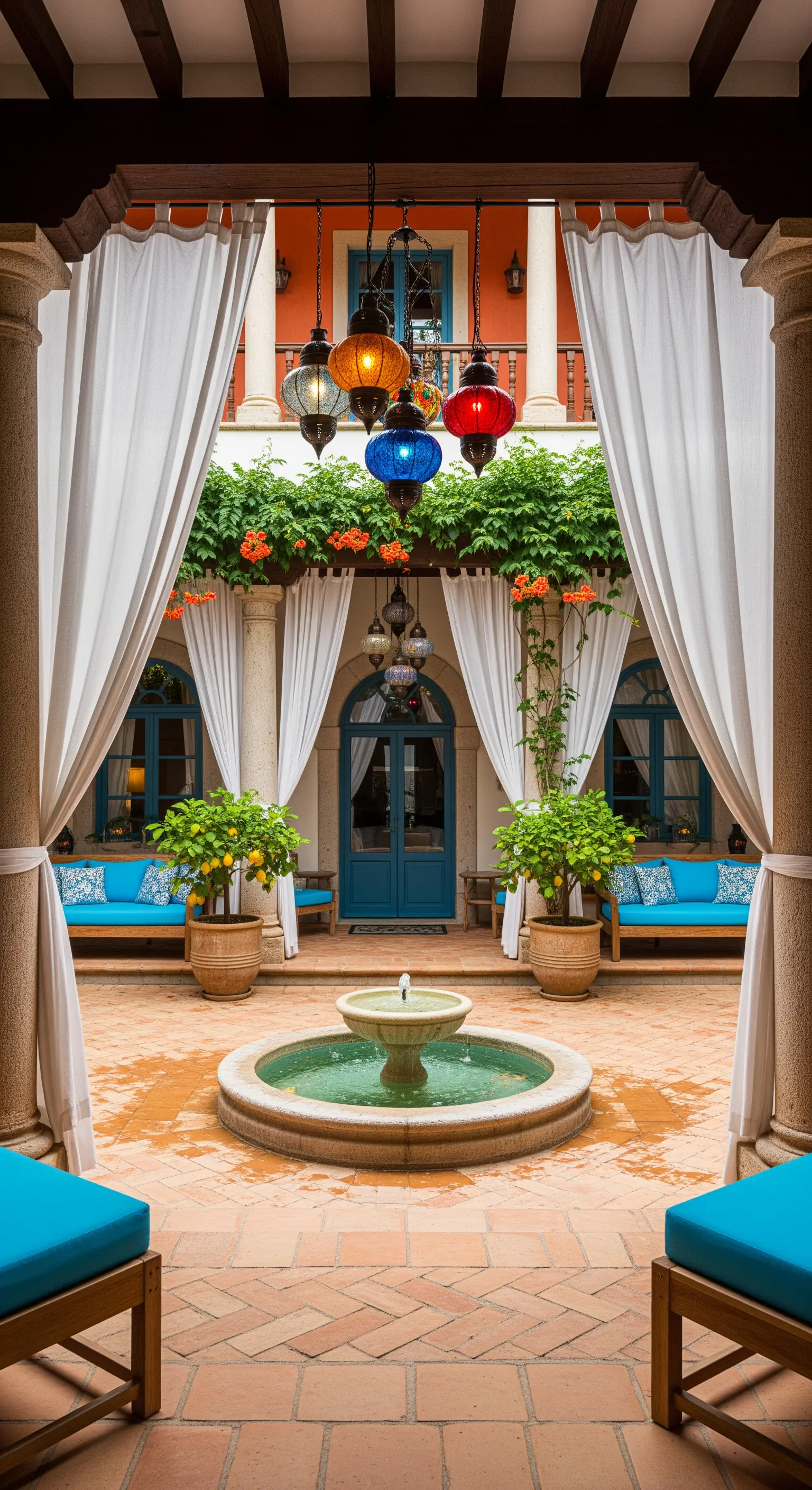 Cortile in stile marocchino con fontana, lanterne colorate e divani blu.