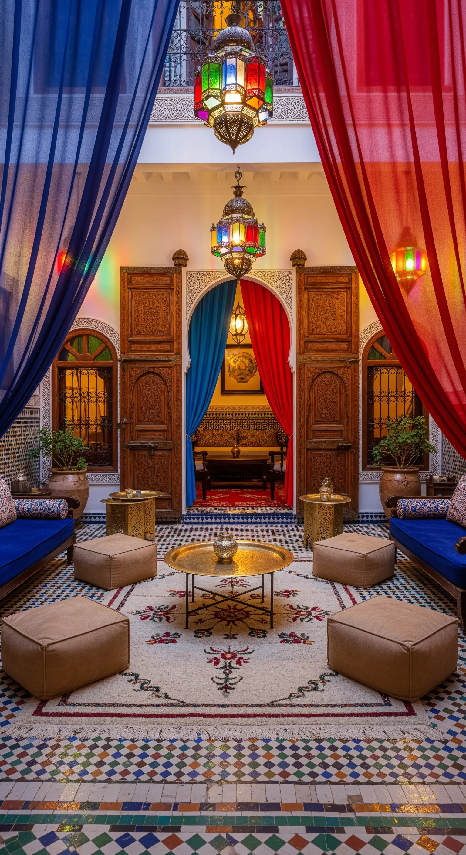 Cortile marocchino con piastrelle a mosaico, tende colorate, lanterne e divani bassi.