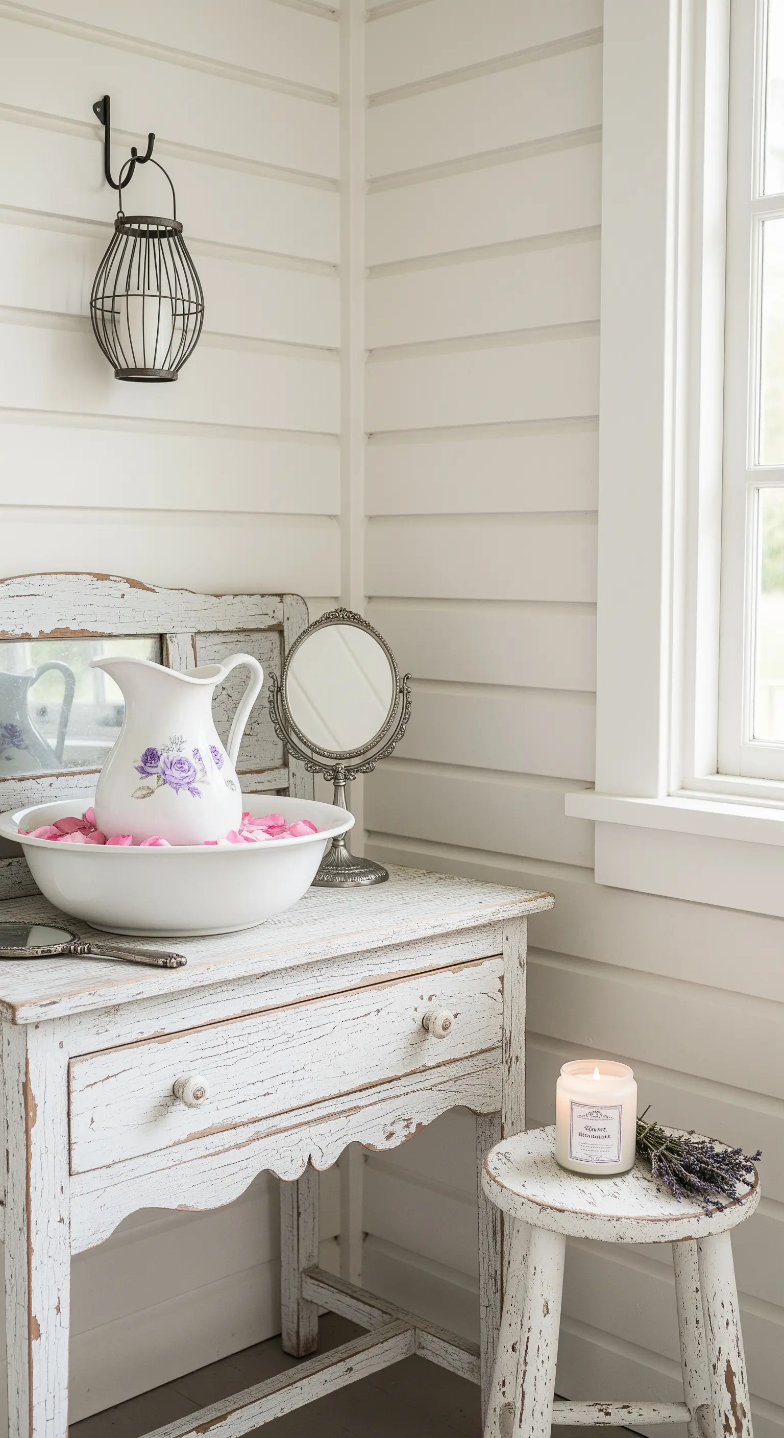 Angolo decorativo con mobile da toeletta bianco decapato, brocca e catino in ceramica.
