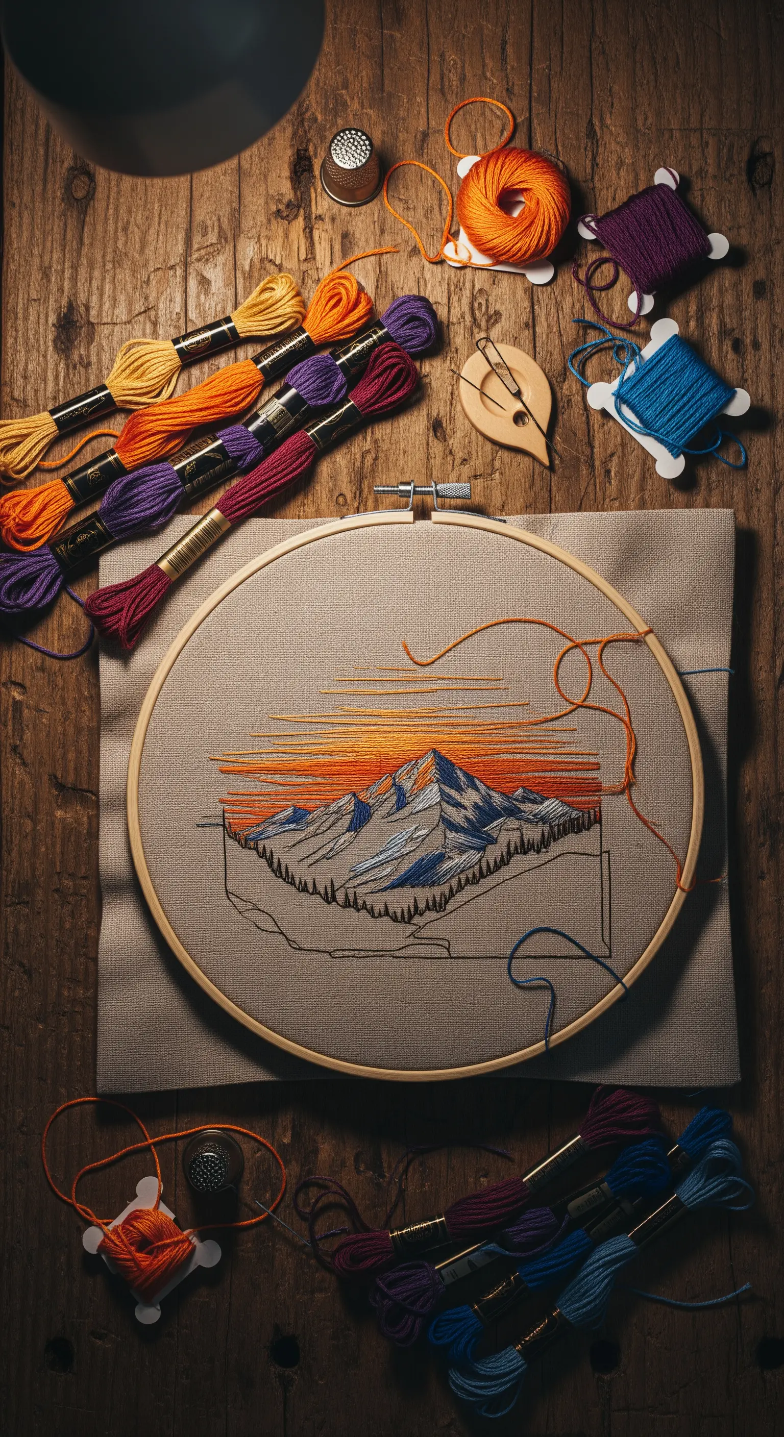 Telaio da ricamo con un paesaggio di montagna al tramonto in fase di lavorazione.