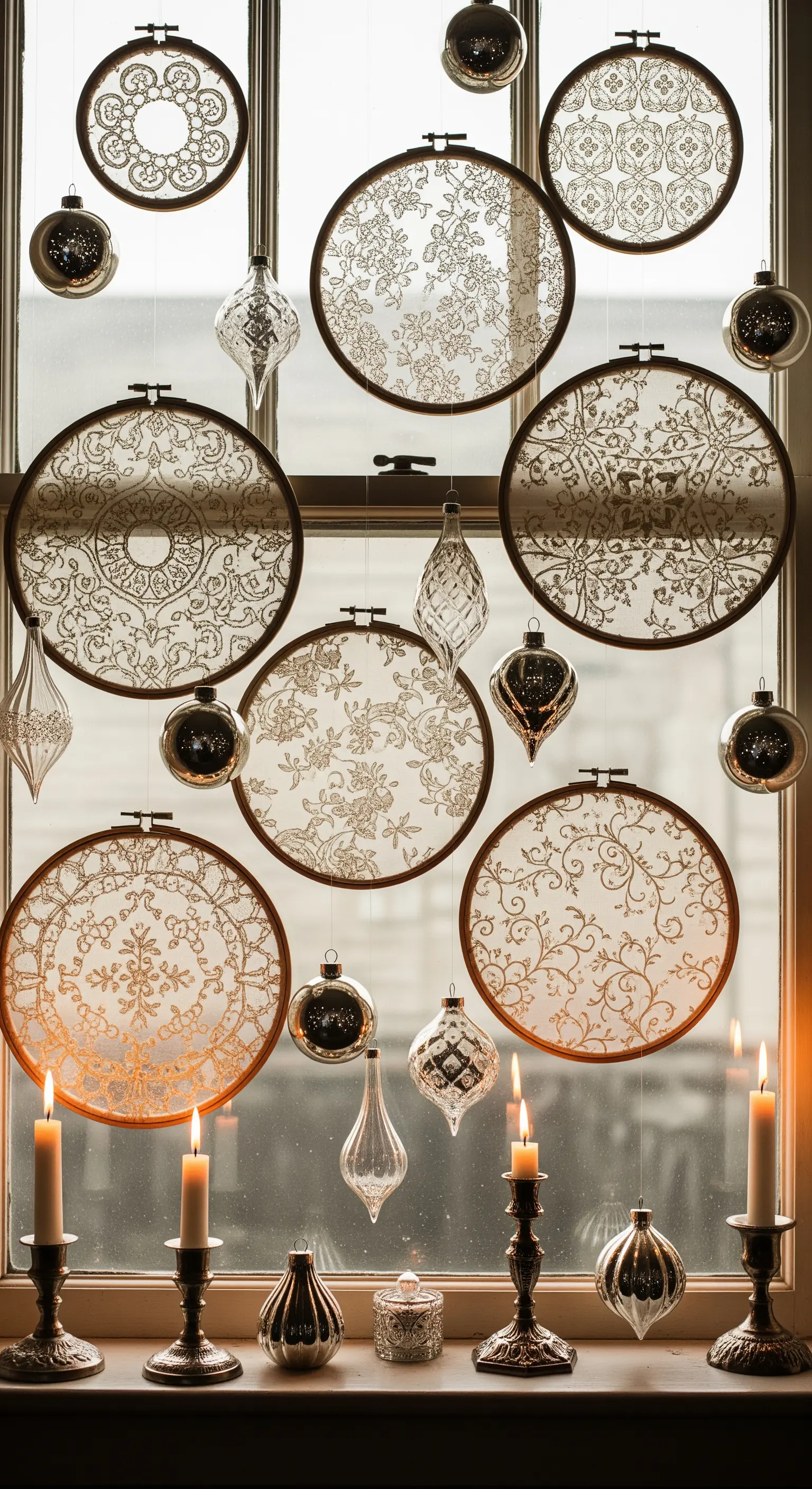 Telai da ricamo con pizzo e ornamenti di vetro appesi a una finestra, con candele sul davanzale.