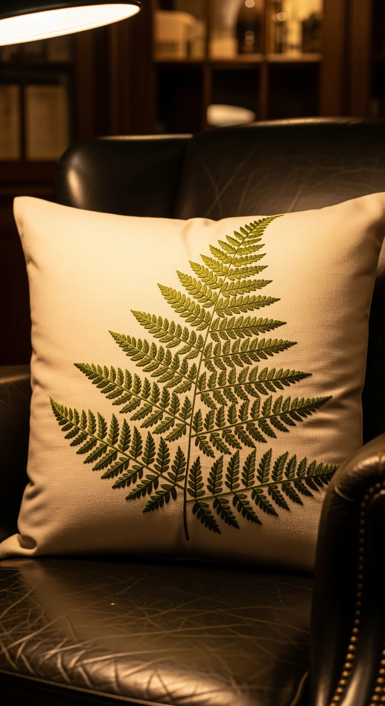 Cuscino color crema con una grande foglia di felce verde ricamata finemente al centro.