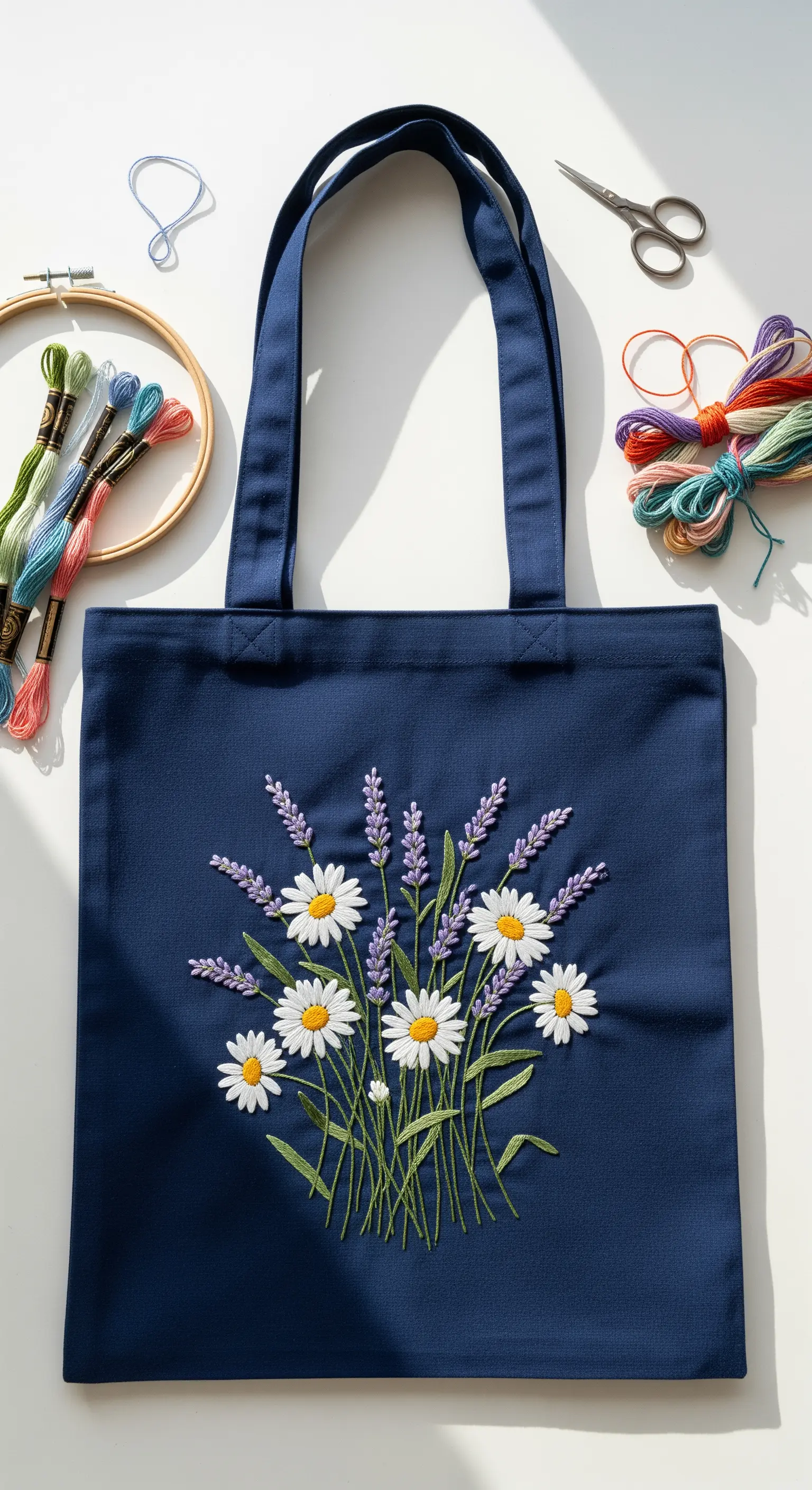 Borsa in cotone blu scuro decorata con un bouquet di margherite e lavanda ricamato a mano.