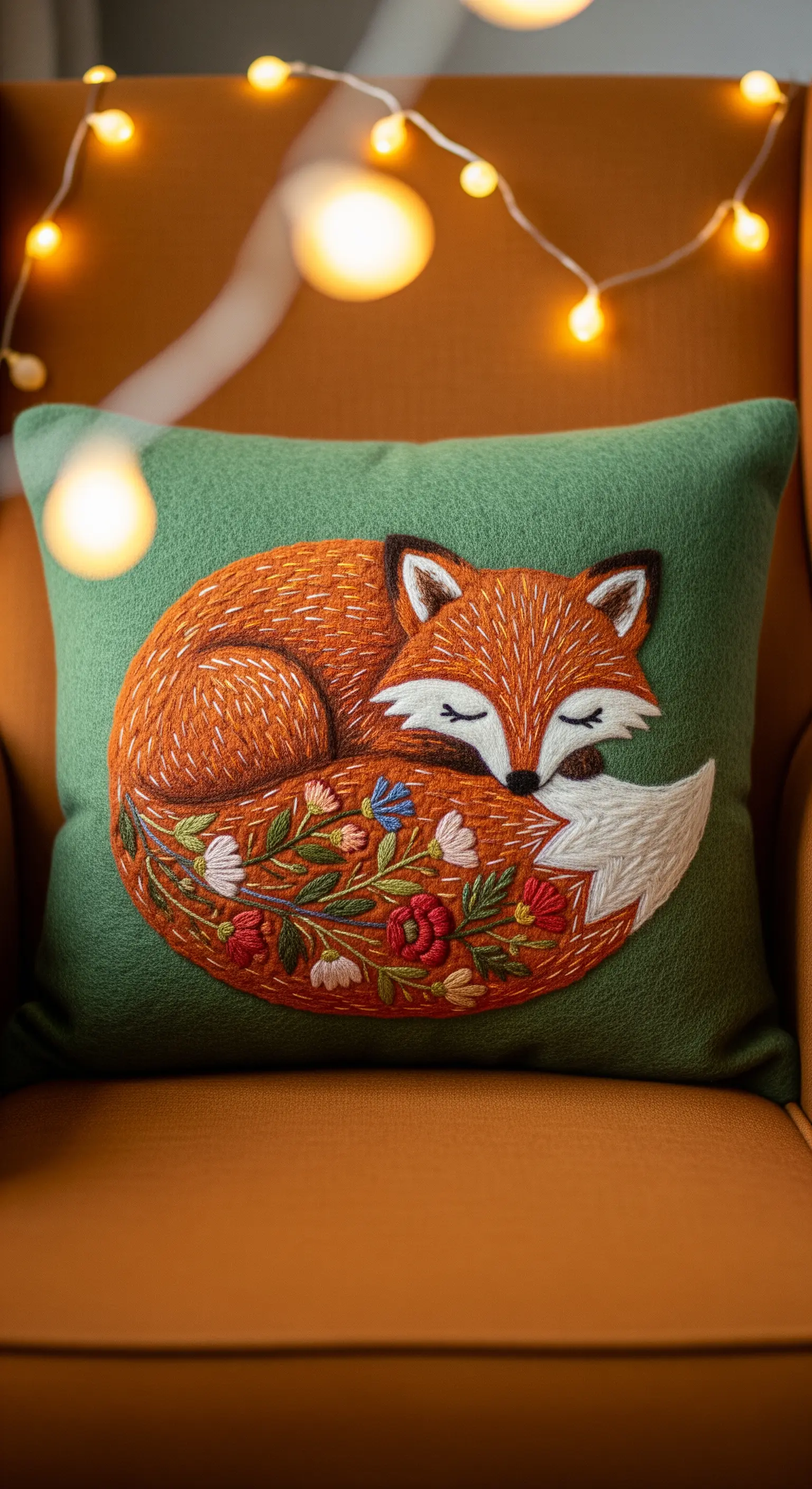 Cuscino verde con una volpe addormentata ricamata, la cui coda è un bouquet di fiori.