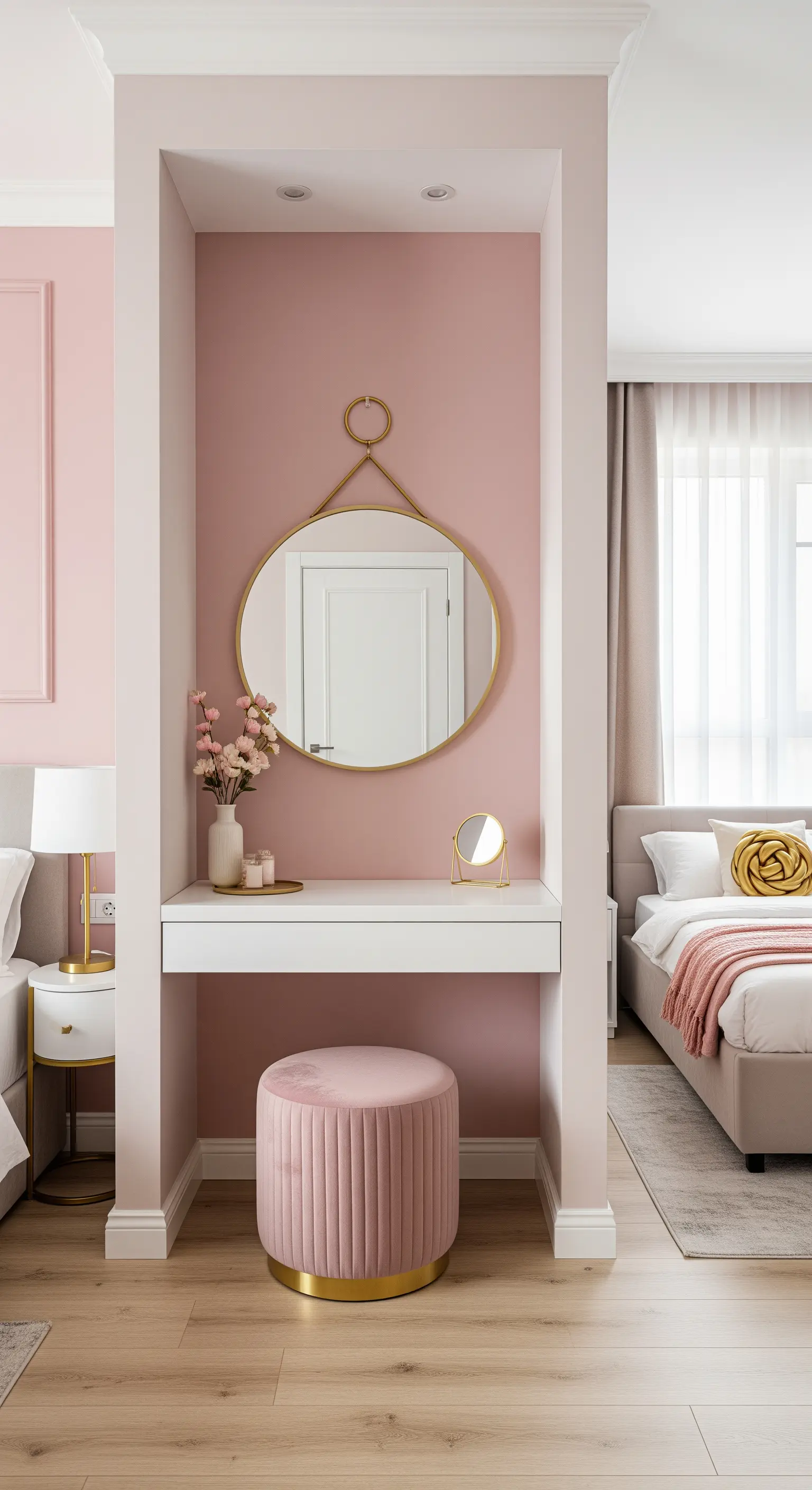 Angolo toeletta in una nicchia rosa con specchio dorato e sgabello in velluto.