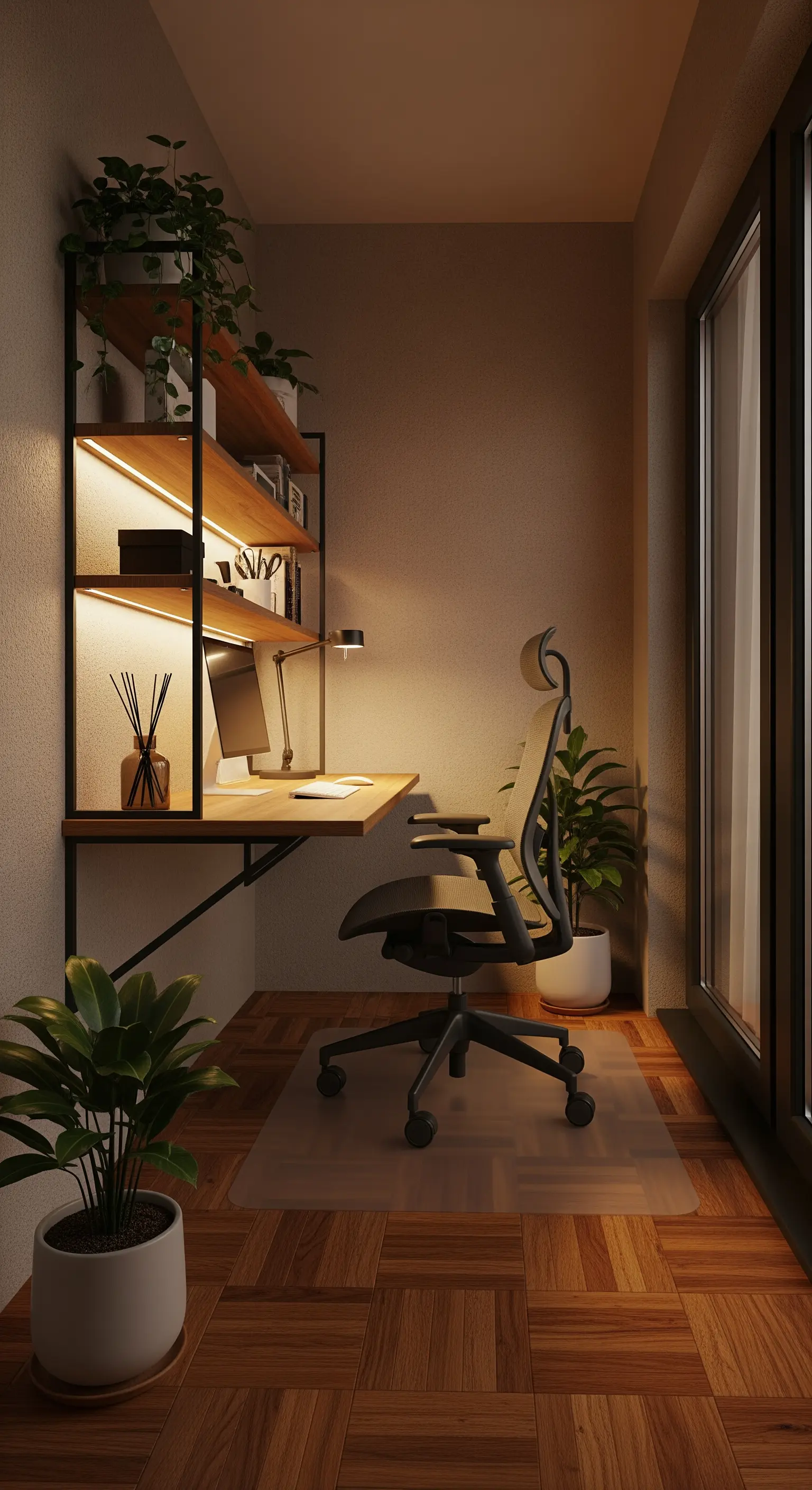 Piccolo balcone trasformato in home office con scrivania e libreria con luci LED integrate