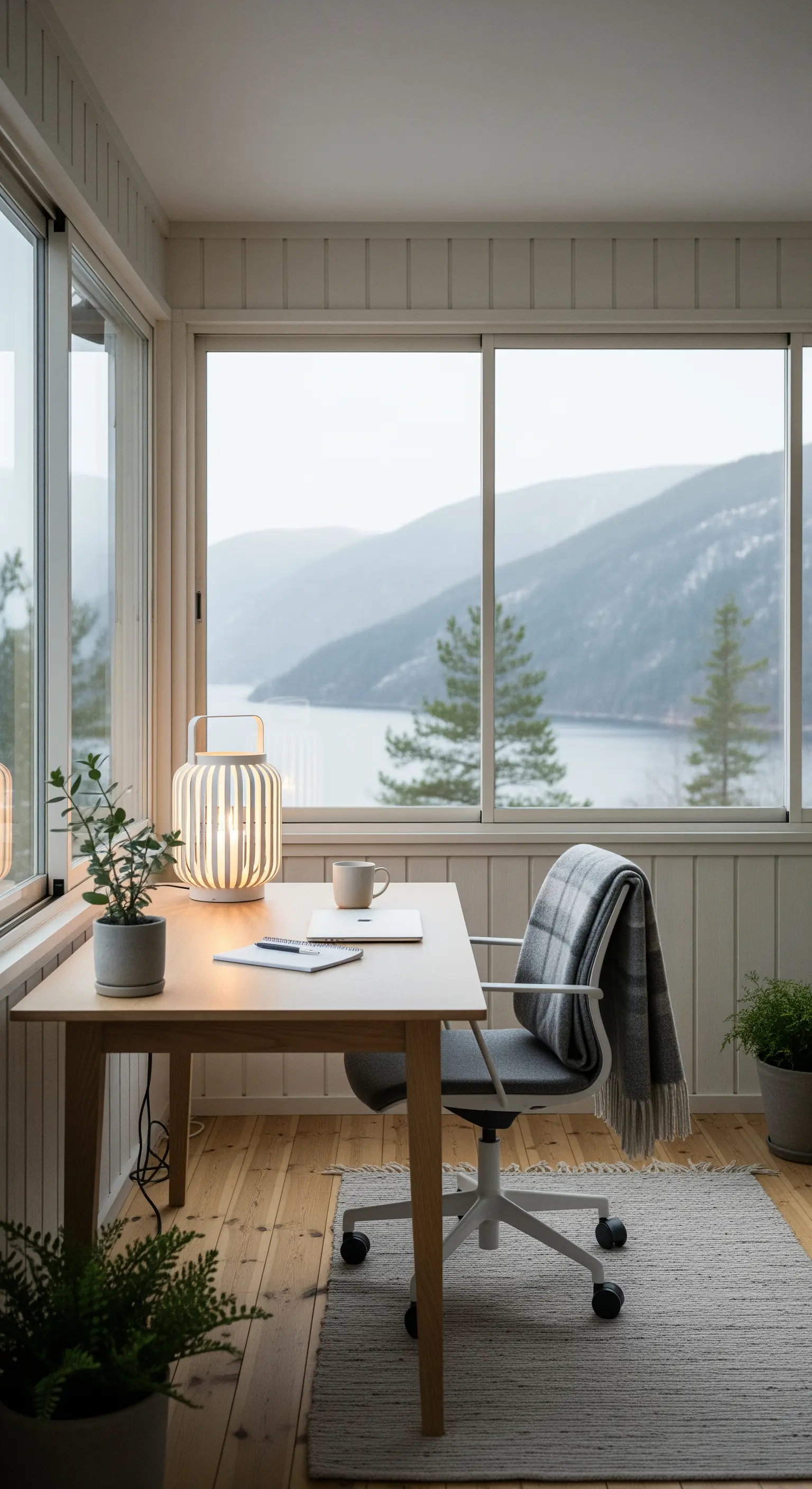 Scrivania in legno chiaro in una veranda con vista su un paesaggio montano e lacustre