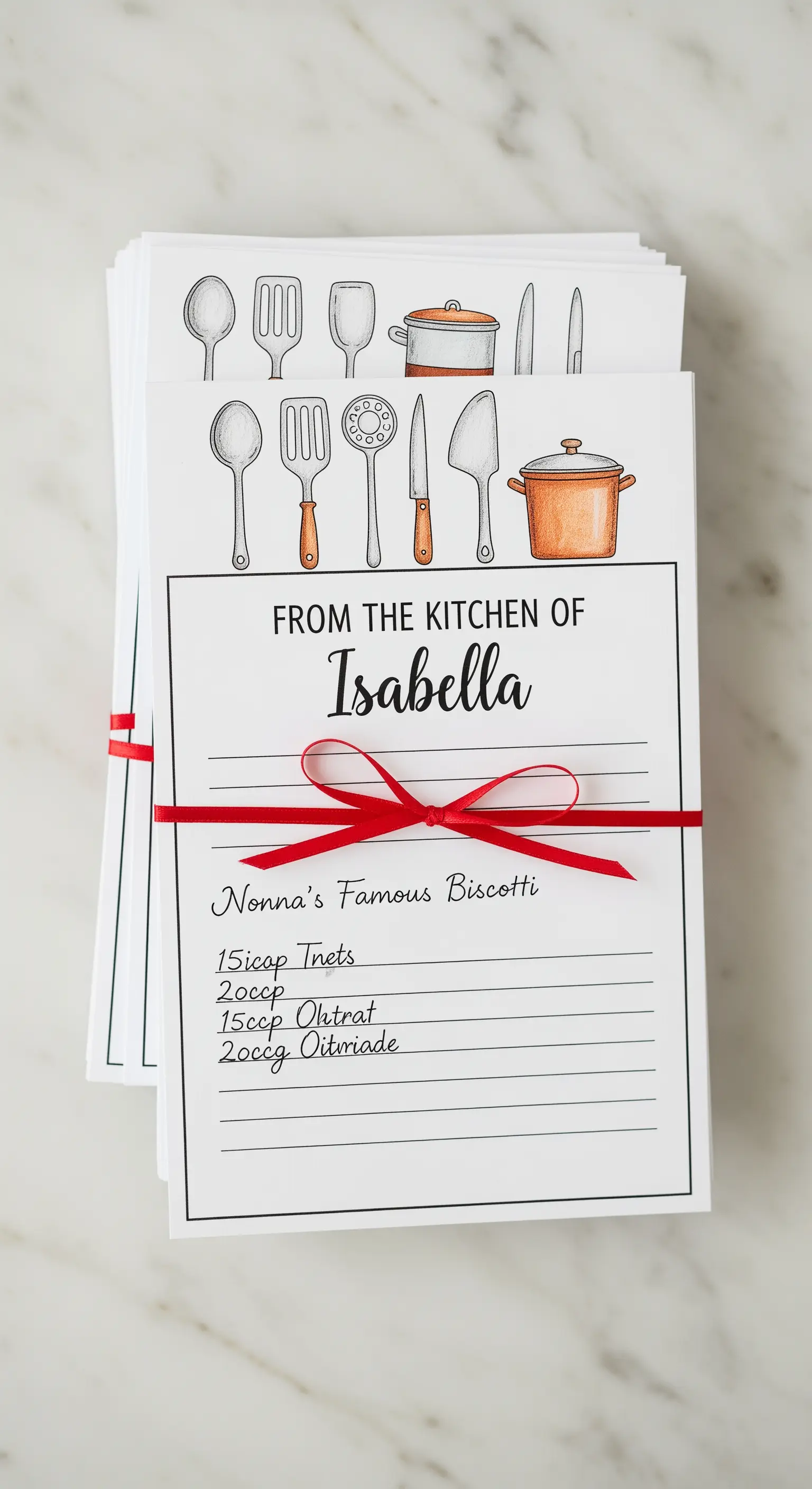 Pila di schede ricetta personalizzate con illustrazioni di utensili da cucina.